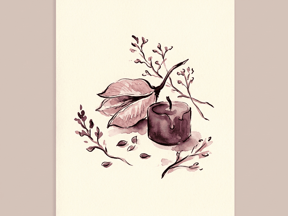 Overhead close-up of a journal open to a page with a gently underlined phrase and a cup of tea nearby — the quiet of a sentence tried, not forced.