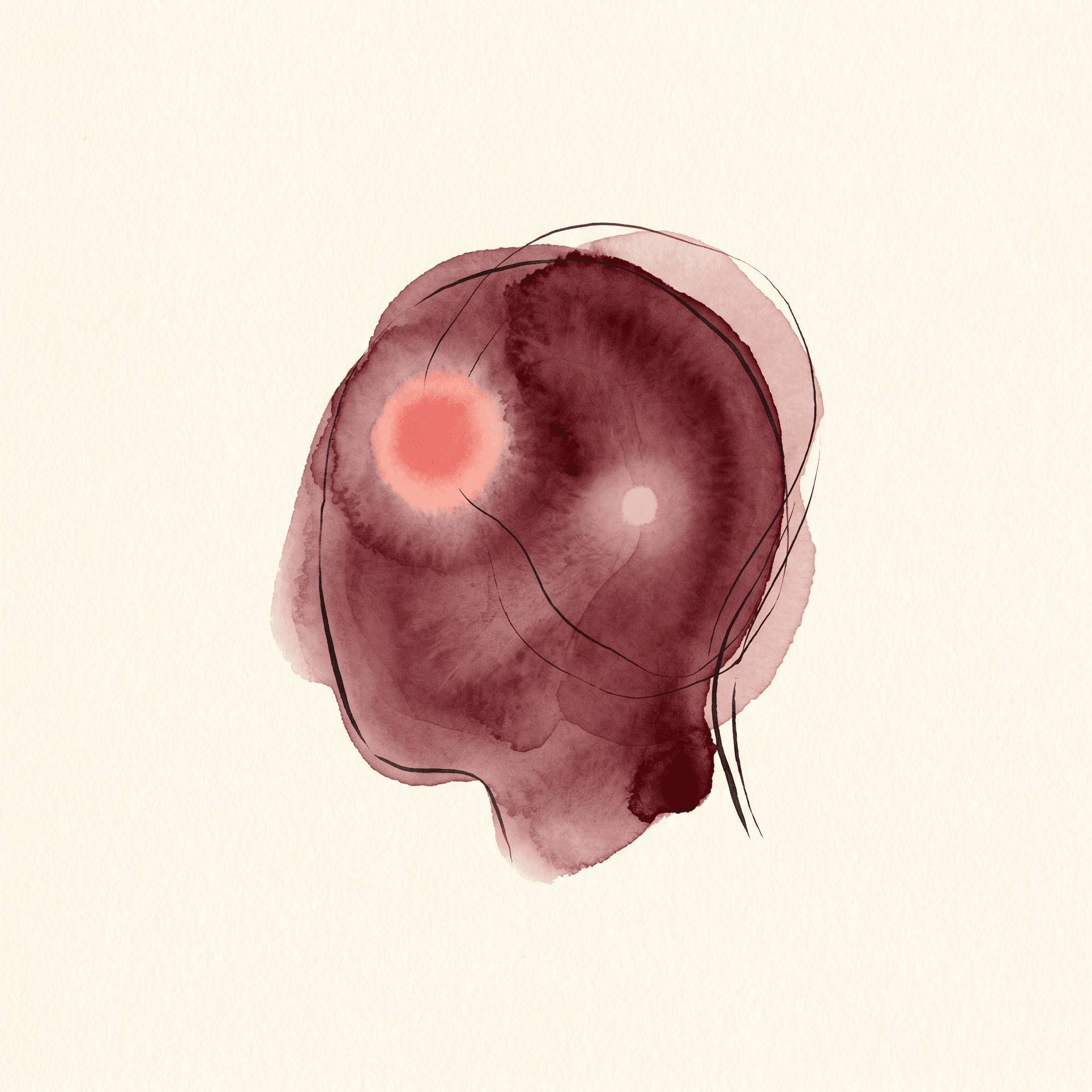 A hand-drawn watercolor illustration of a single brain-like soft merlot wash with two glowing points — one warm and near, one faint and distant — the abstract metaphor for the brain processing present self and future self differently.