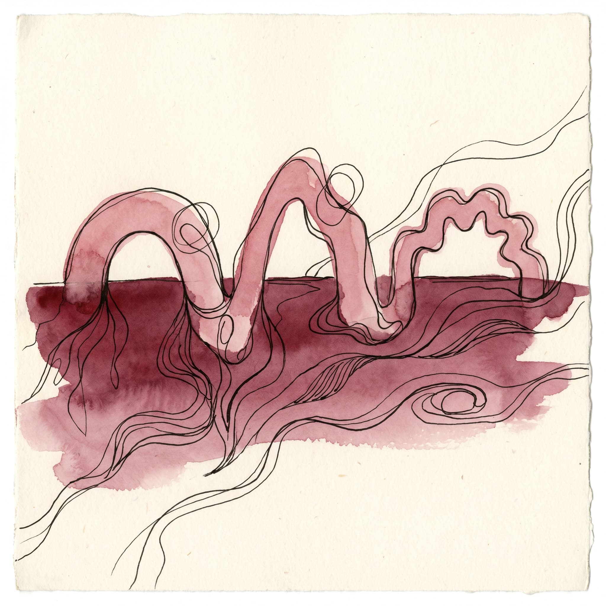 A hand-drawn editorial watercolor diagram on cream paper of three small dusty-rose bridges spanning a soft merlot gap, each a different shape — the abstract metaphor for three ways to connect present and future self.