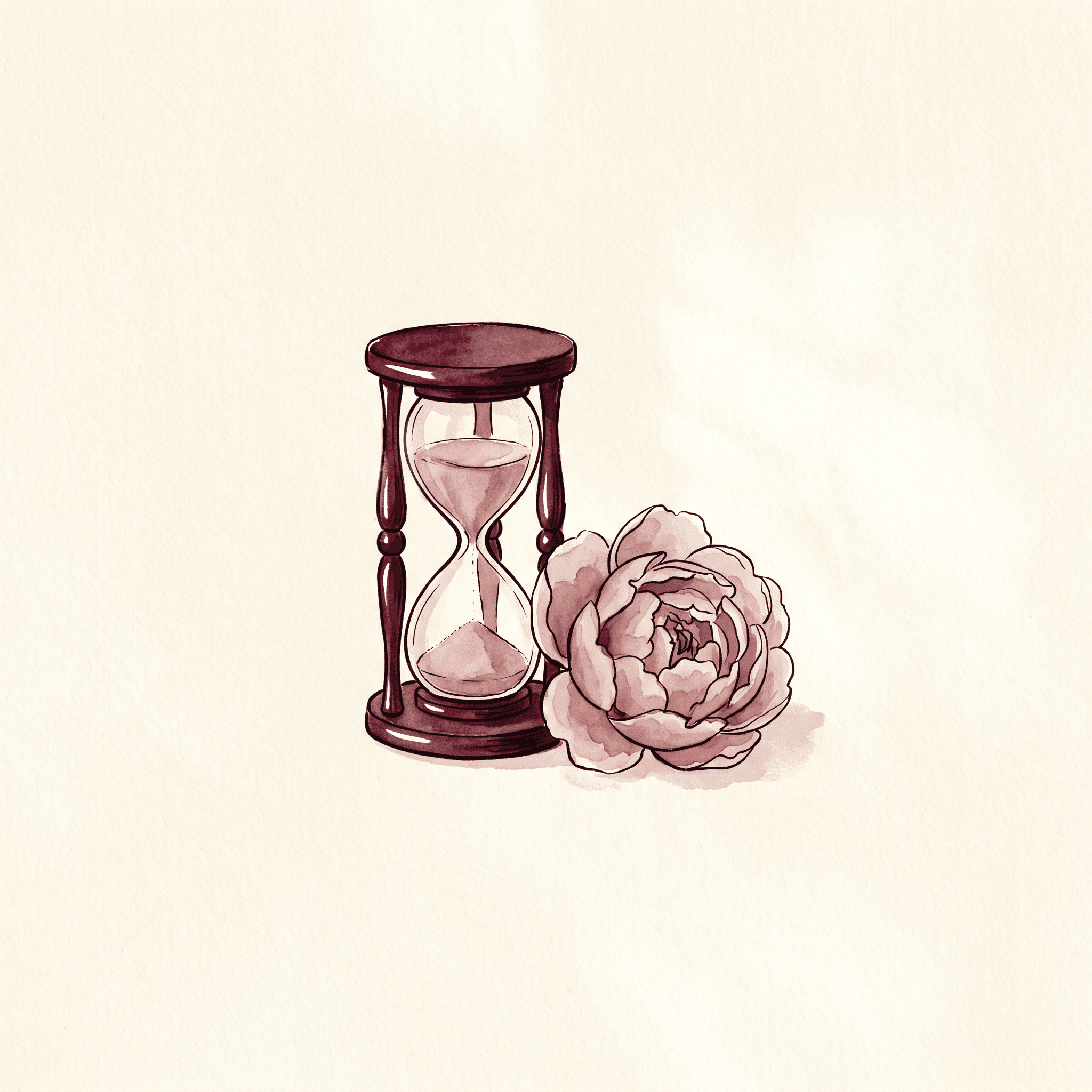 Overhead watercolor still life of a small hourglass in deep merlot ink with dusty-rose sand, a single open peony beside it on cream linen — the quiet of time held gently.