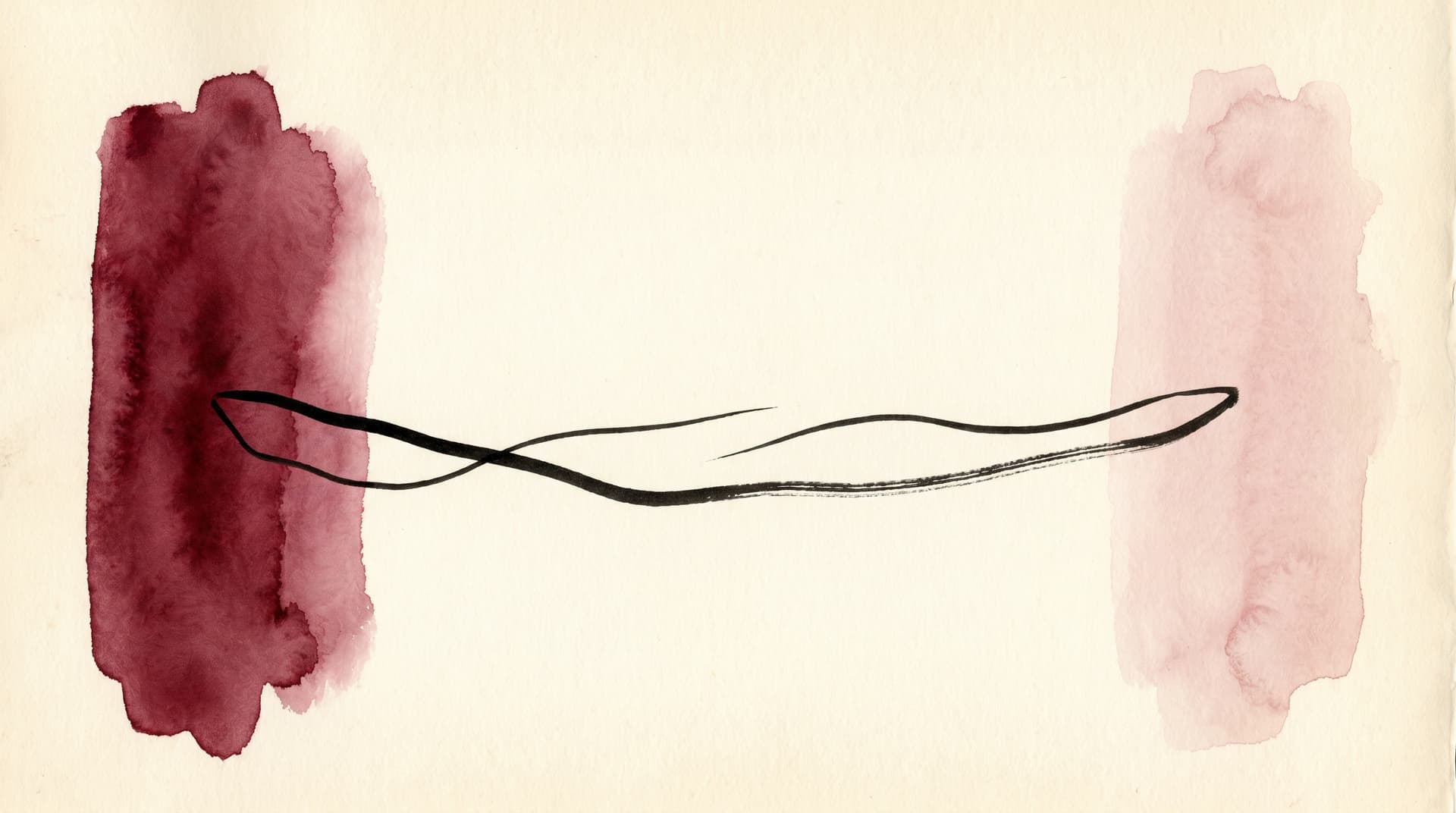 A watercolor and ink illustration on cream paper of two figures implied by a near deep-merlot wash and a distant faint dusty-rose wash, with a wide gap of cream between them and a single thin ink line stretching across — the abstract metaphor for the distance between present and future self.