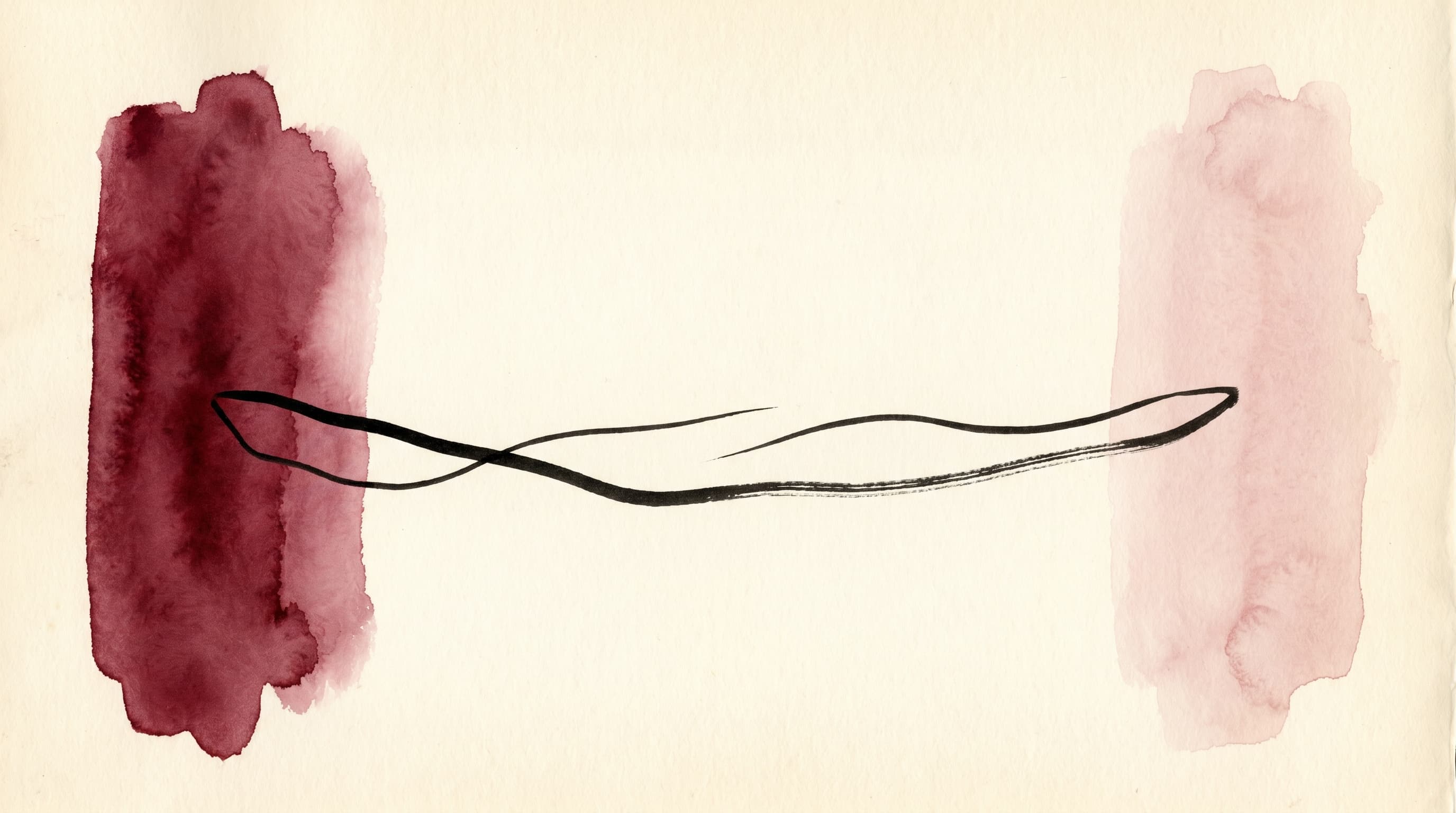 A watercolor and ink illustration on cream paper of two figures implied by a near deep-merlot wash and a distant faint dusty-rose wash, with a wide gap of cream between them and a single thin ink line stretching across — the abstract metaphor for the distance between present and future self.