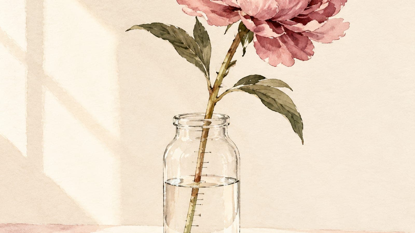 A horizontal watercolor study of seven small merlot ink marks spaced evenly across cream paper, one for each day of the week, the seventh opening into a small rose bloom — a quiet visual of consistency compounding over time.