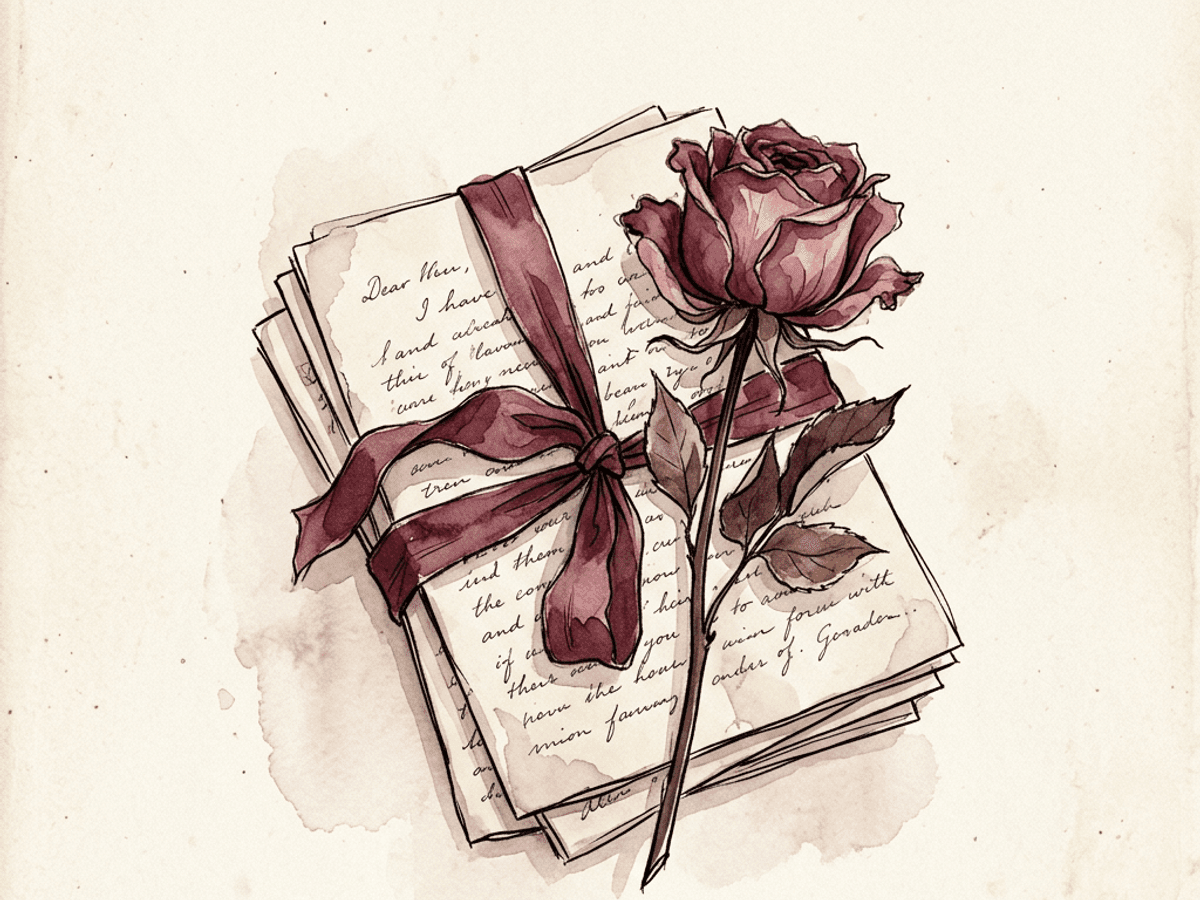 Two soft watercolor shapes in dusty rose and merlot, one rooted and one floating, separated by a thin hand-drawn line — the difference between a value claim and an outcome claim.