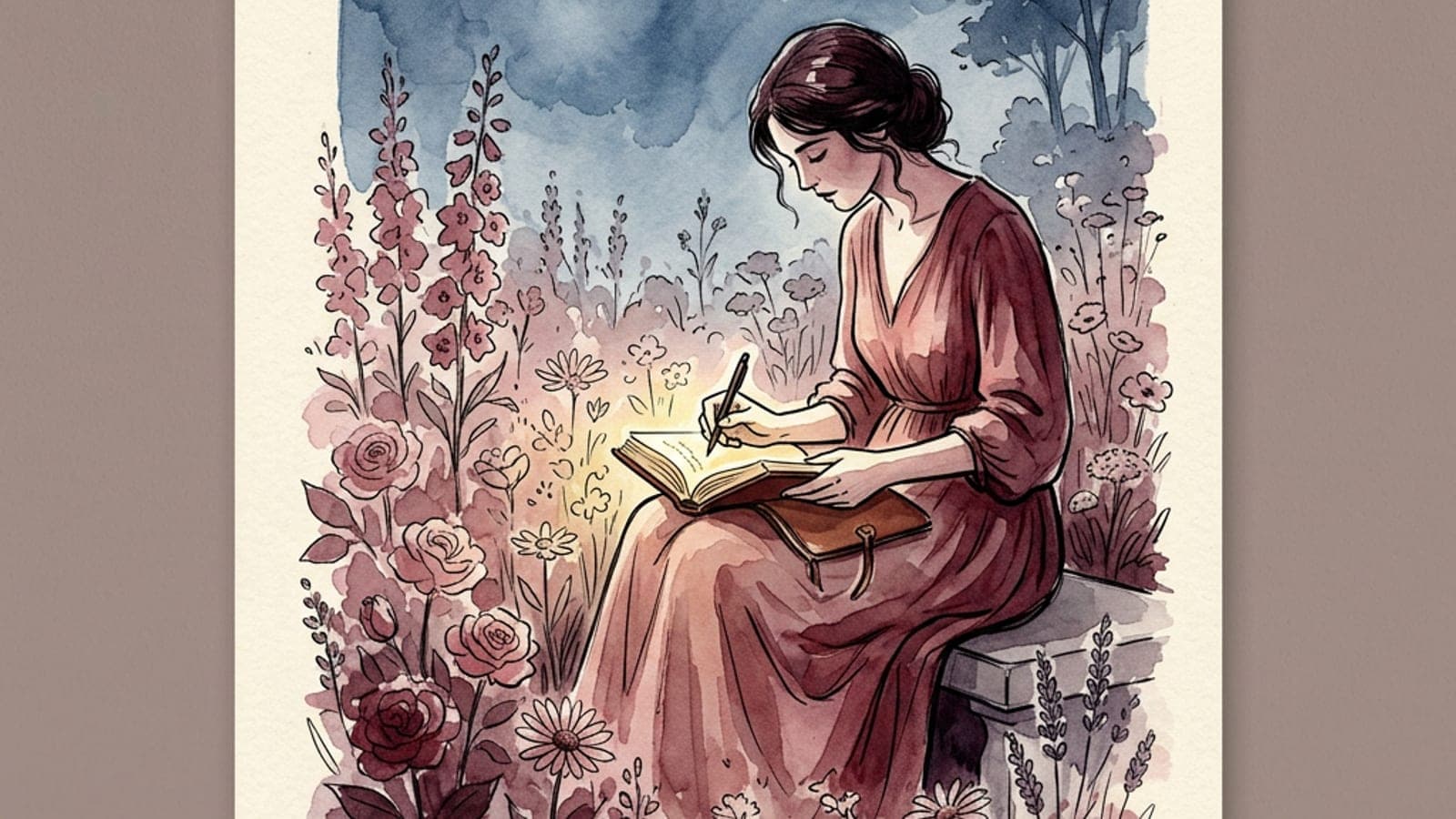 A horizontal watercolor study of a hand mid-sentence, an open notebook with one line of handwriting, a pen resting across the page — cream, dusty rose, and deep merlot washes.