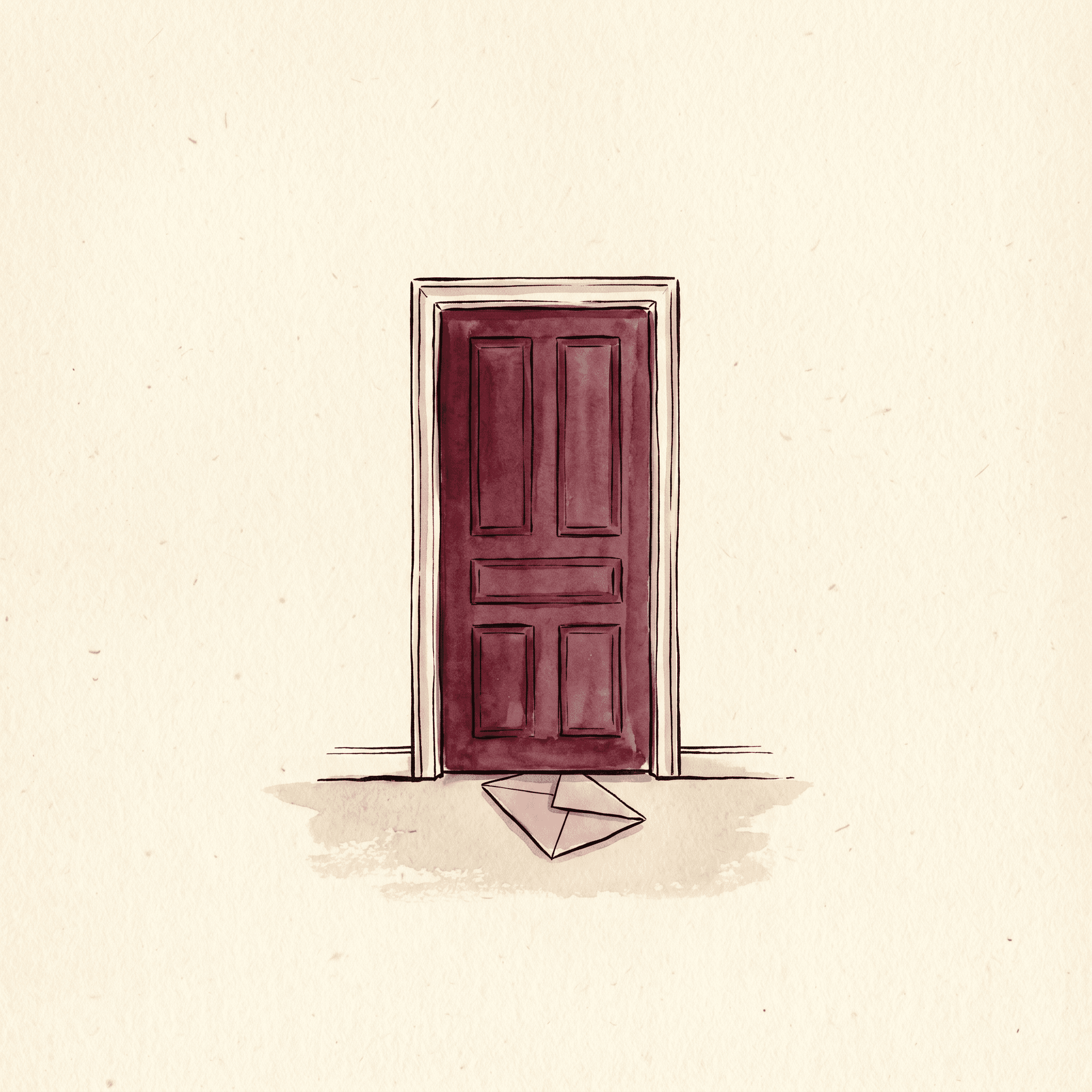 A hand-drawn watercolor illustration of a closed merlot door with a small slip of dusty-rose paper being passed underneath it — the abstract metaphor for receiving the inner critic's message without opening the door to argue.