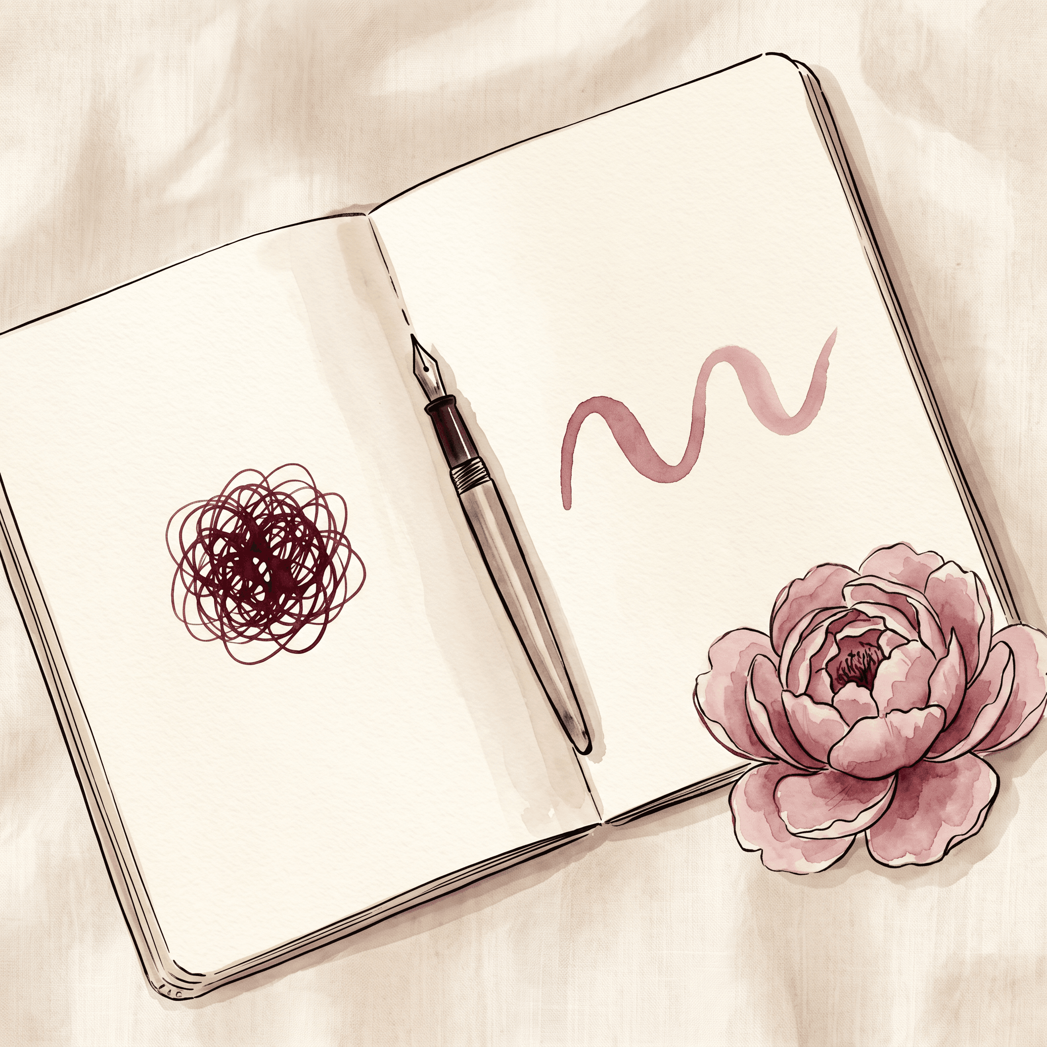 Overhead watercolor still life of an open ivory notebook on cream linen, the left page holding a small tangled ink scribble and the right page a single smooth dusty-rose line, a fountain pen at rest between them — the abstract metaphor for a thought translated from snarl to clarity.