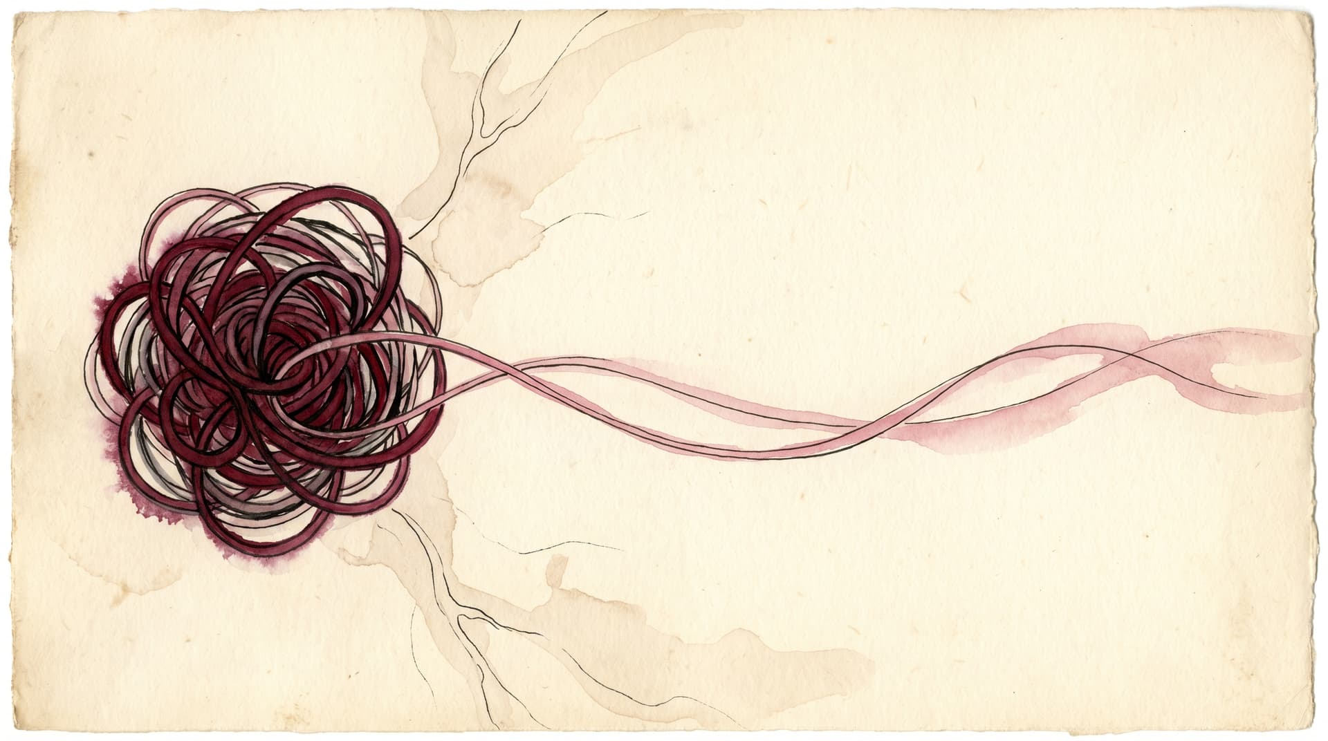A watercolor and ink illustration on cream paper of a tangled deep-merlot ink knot on the left with a single thread being gently drawn out of it and re-laid as a smooth dusty-rose line on the right — the abstract metaphor for translating a snarled self-critical thought into something usable.