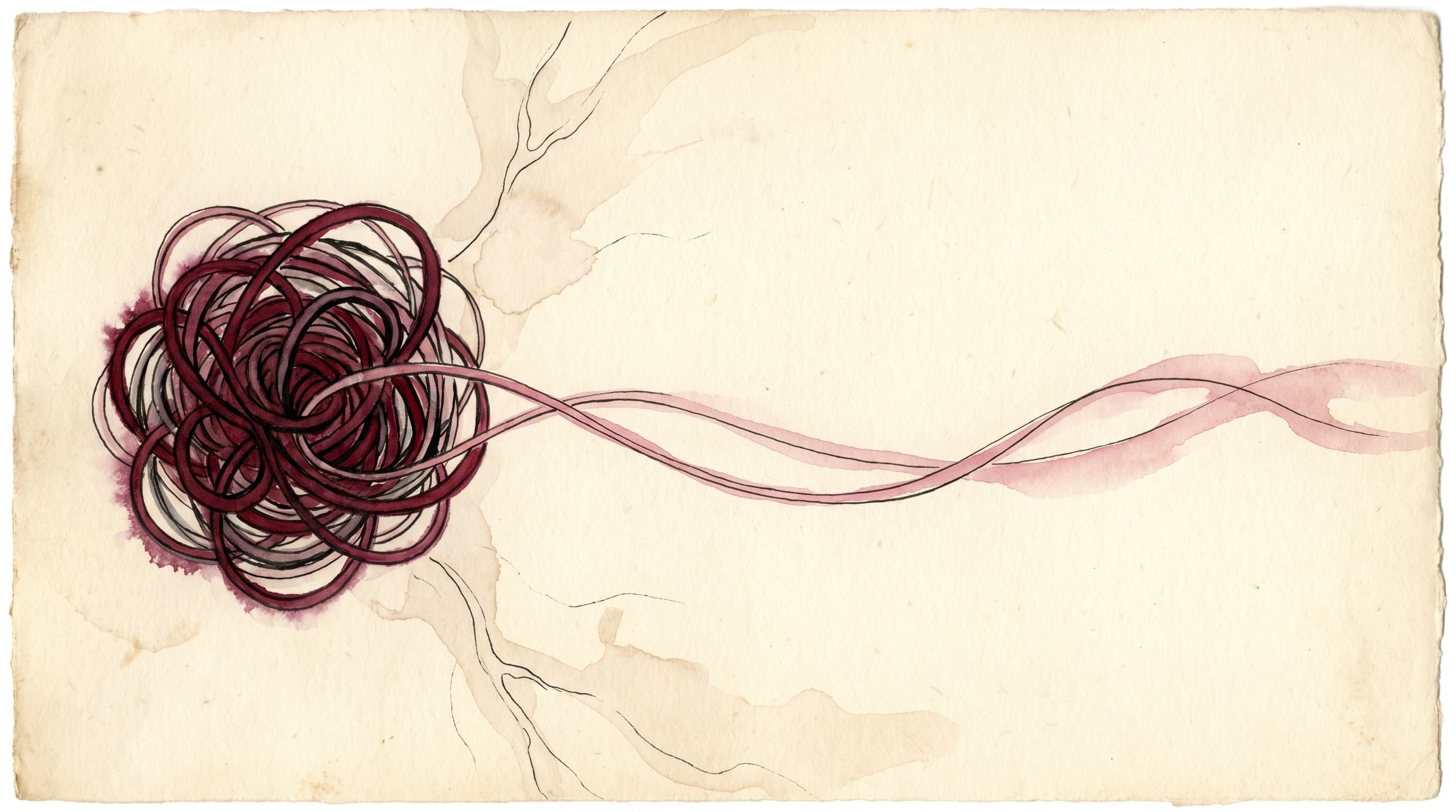 A watercolor and ink illustration on cream paper of a tangled deep-merlot ink knot on the left with a single thread being gently drawn out of it and re-laid as a smooth dusty-rose line on the right — the abstract metaphor for translating a snarled self-critical thought into something usable.