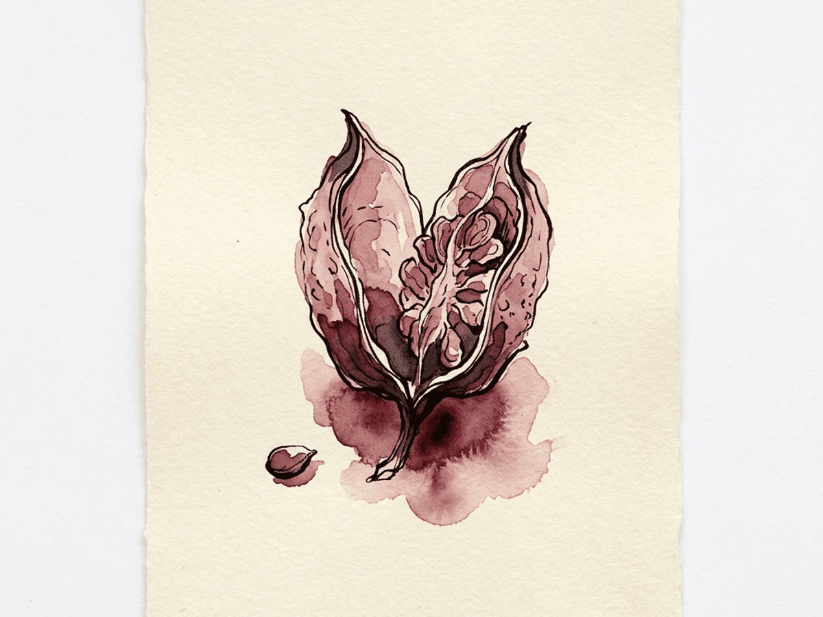 A hand-drawn watercolor diagram of two arrows — one pointing outward toward a faint rulebook shape, one pointing inward toward a soft circle — in merlot ink on cream paper, marking the shift from external food rules to internal signals.