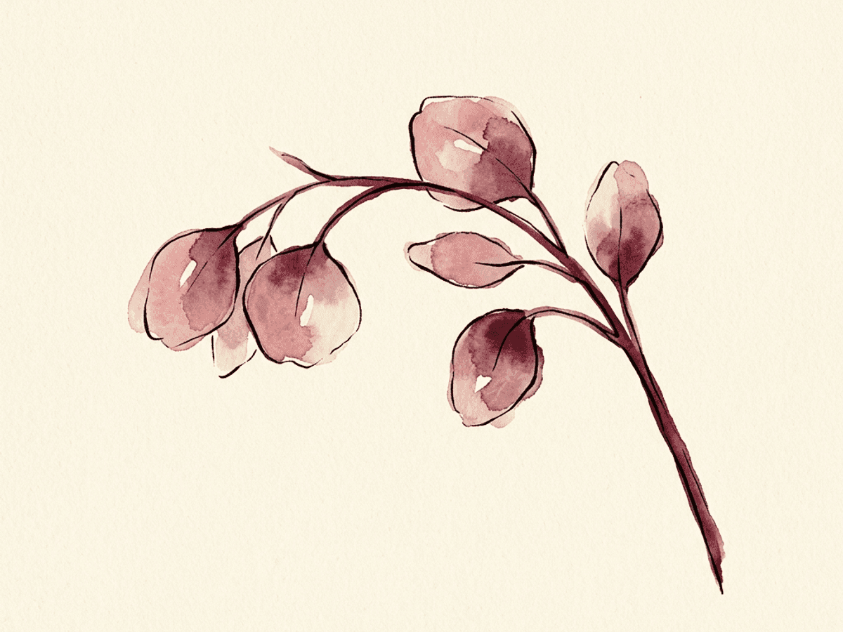 An overhead watercolor still life of a table set for one — a plain bowl, a linen napkin, and a single sprig of rosemary — rendered in warm cream and dusty rose tones with no food illustrated, suggesting readiness rather than a specific meal.