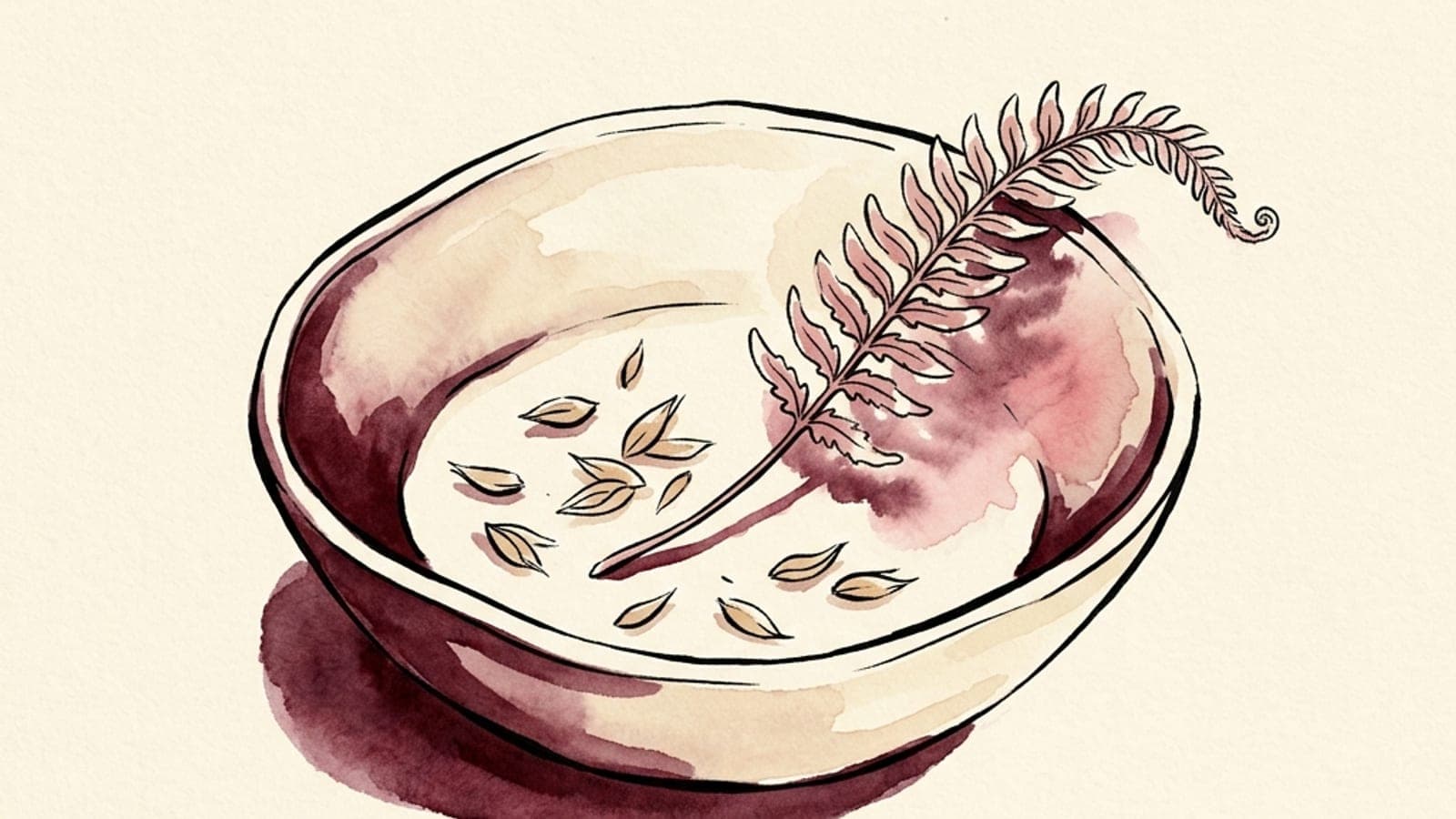 A horizontal watercolor still life of a simple table setting — an empty bowl on the left slowly filling with soft rose and merlot washes toward the right, suggesting the shift from an empty diet rule to a felt sense of fullness.