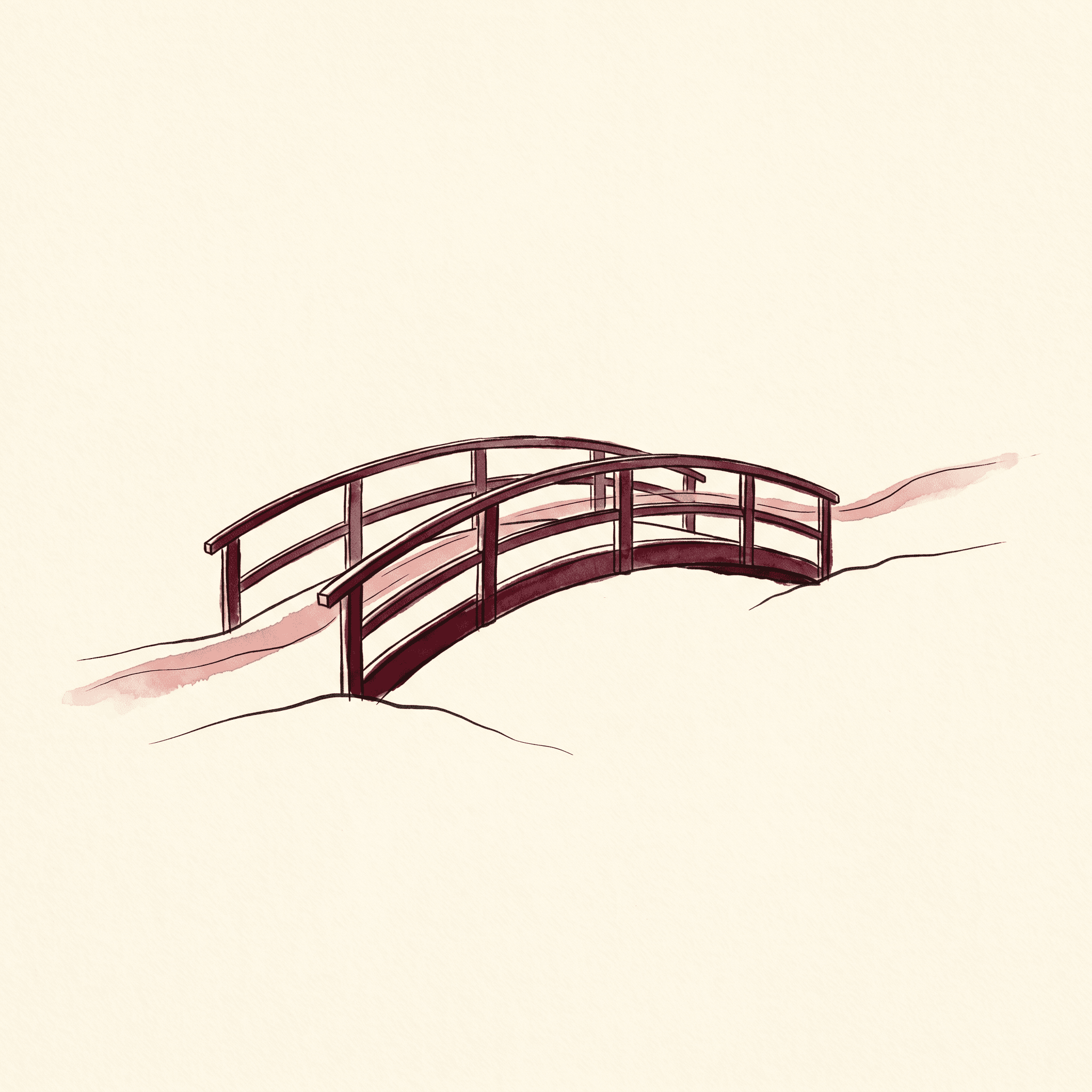 A single hand-drawn watercolor footbridge in deep merlot ink arching gently across the cream paper, a thin trail of light leading across — the abstract metaphor for the bridge between present self and future self that future-self continuity describes.