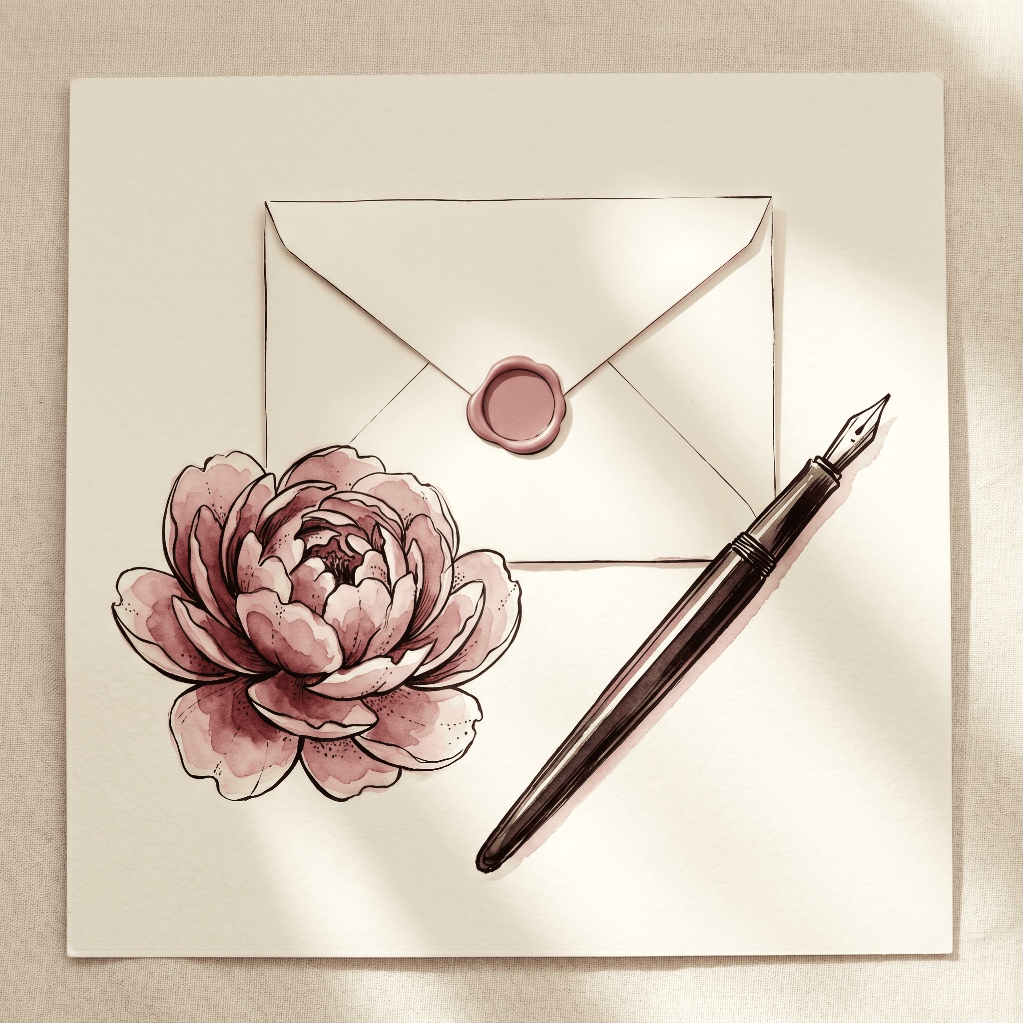 Overhead watercolor still life of a closed ivory envelope on cream linen with a small dusty-rose wax seal stamped in the center, a single open peony resting beside it, a fountain pen at rest — the quiet of a letter sealed and waiting.