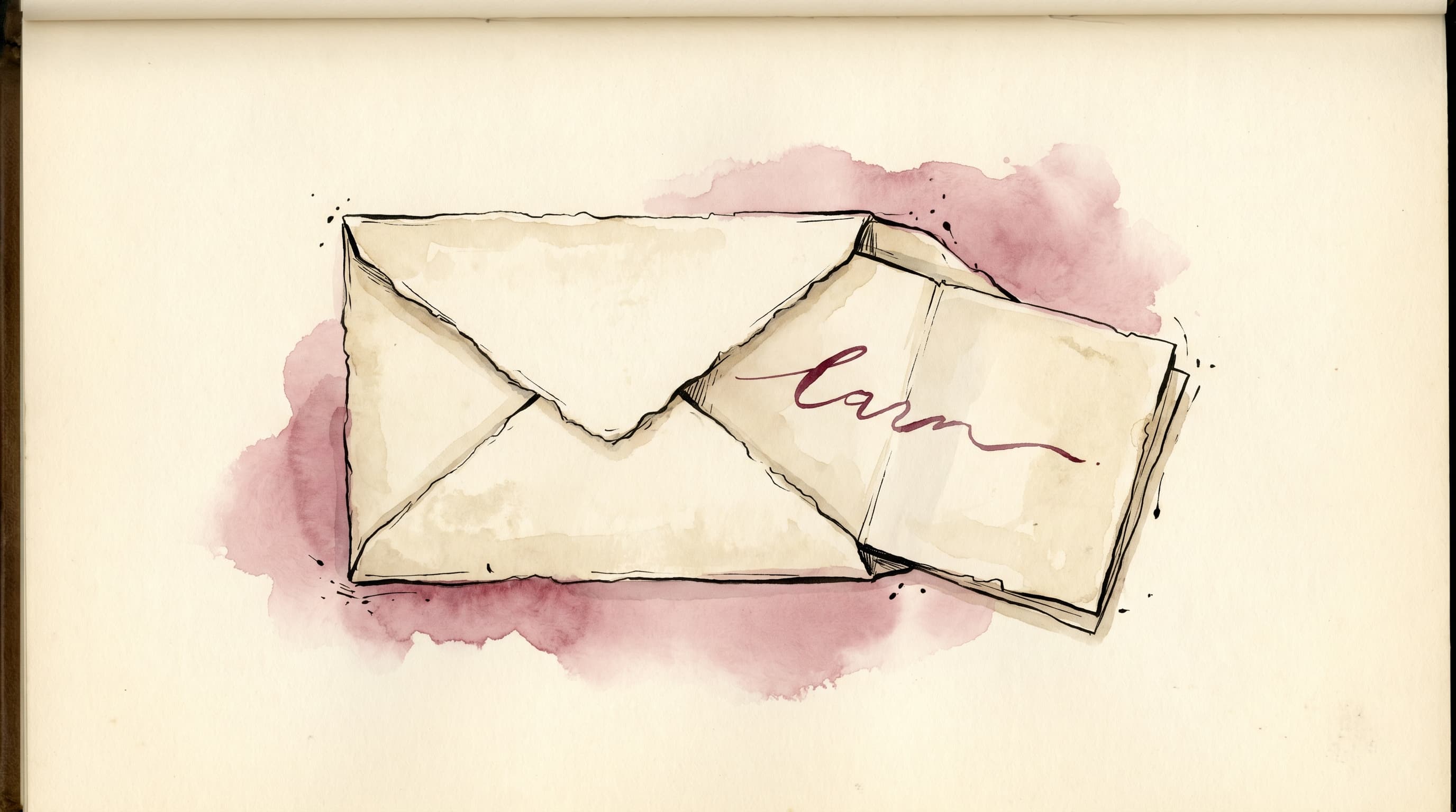 A watercolor and ink illustration of an open envelope on warm cream paper, a folded letter slipping out with a single handwritten merlot ink line visible across the fold, a soft dusty-rose watercolor wash behind it — the abstract metaphor of a quiet letter waiting for the season it was written for.