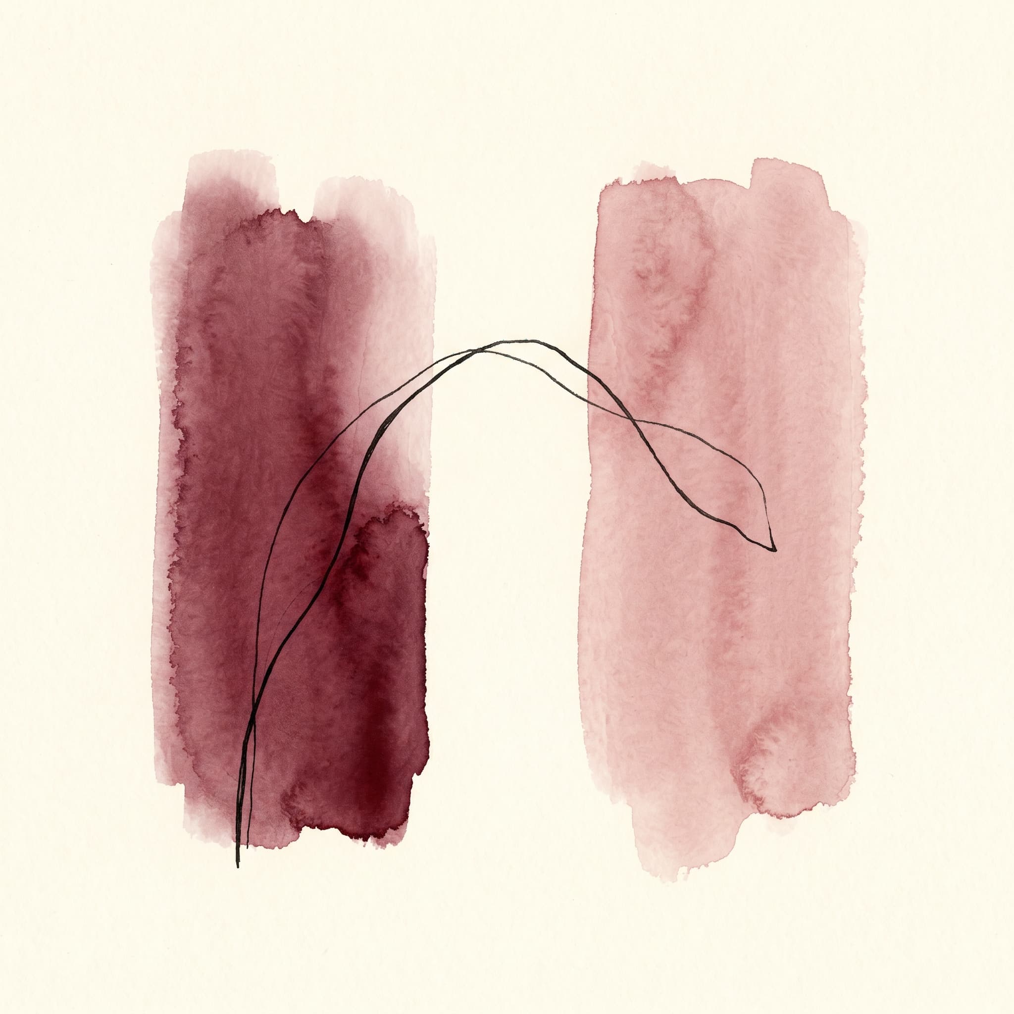 A hand-drawn watercolor illustration of two figures' silhouettes implied only by two soft merlot and dusty-rose washes separated by a gap, with a thin ink thread beginning to bridge them — the abstract metaphor for the distance between present and future self narrowing.