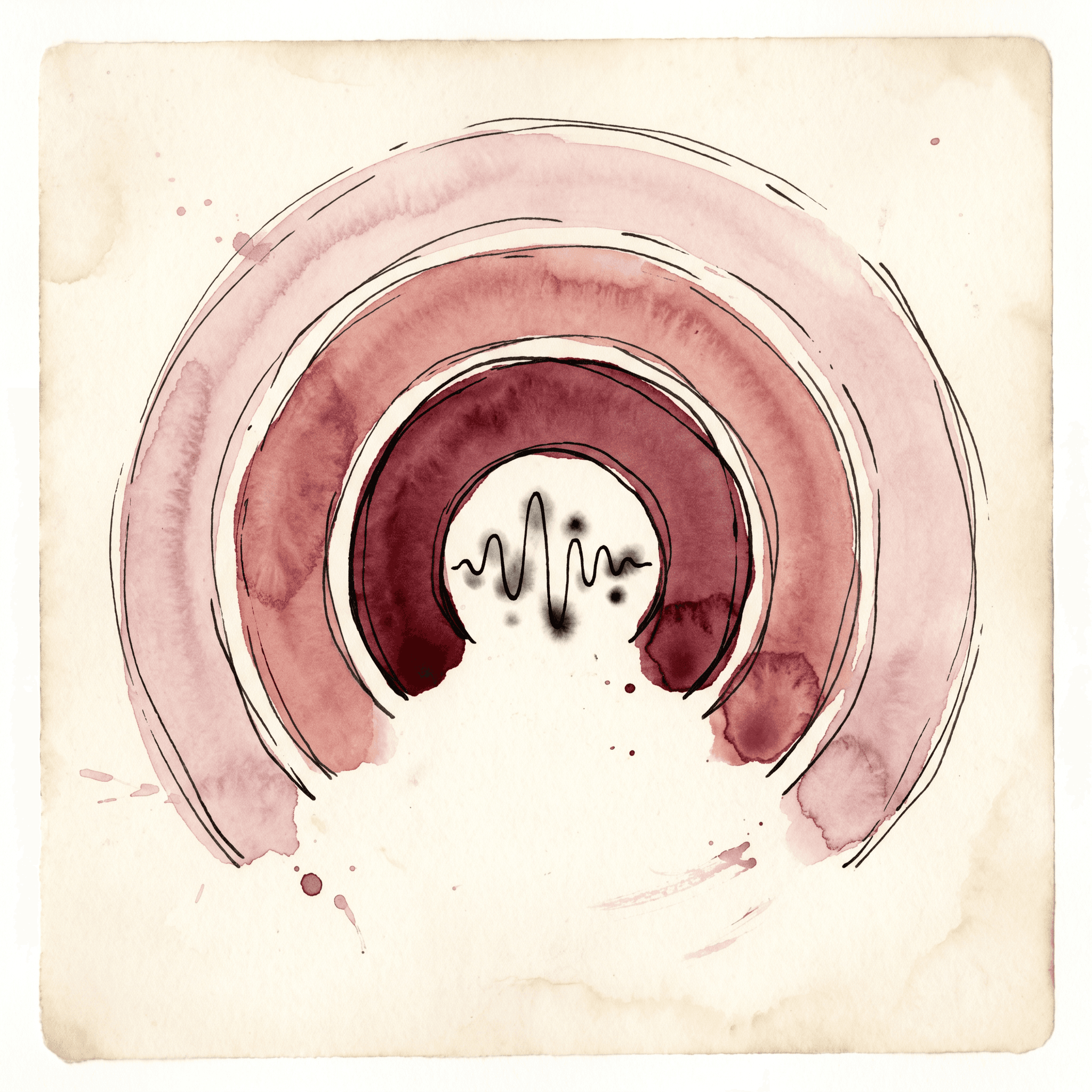 A hand-drawn editorial watercolor diagram on cream paper of three nested arcs labeled by abstract markers — vision, then text, then a sound wave — growing in warmth toward the center, the abstract metaphor for voice carrying the strongest self-recognition signal.