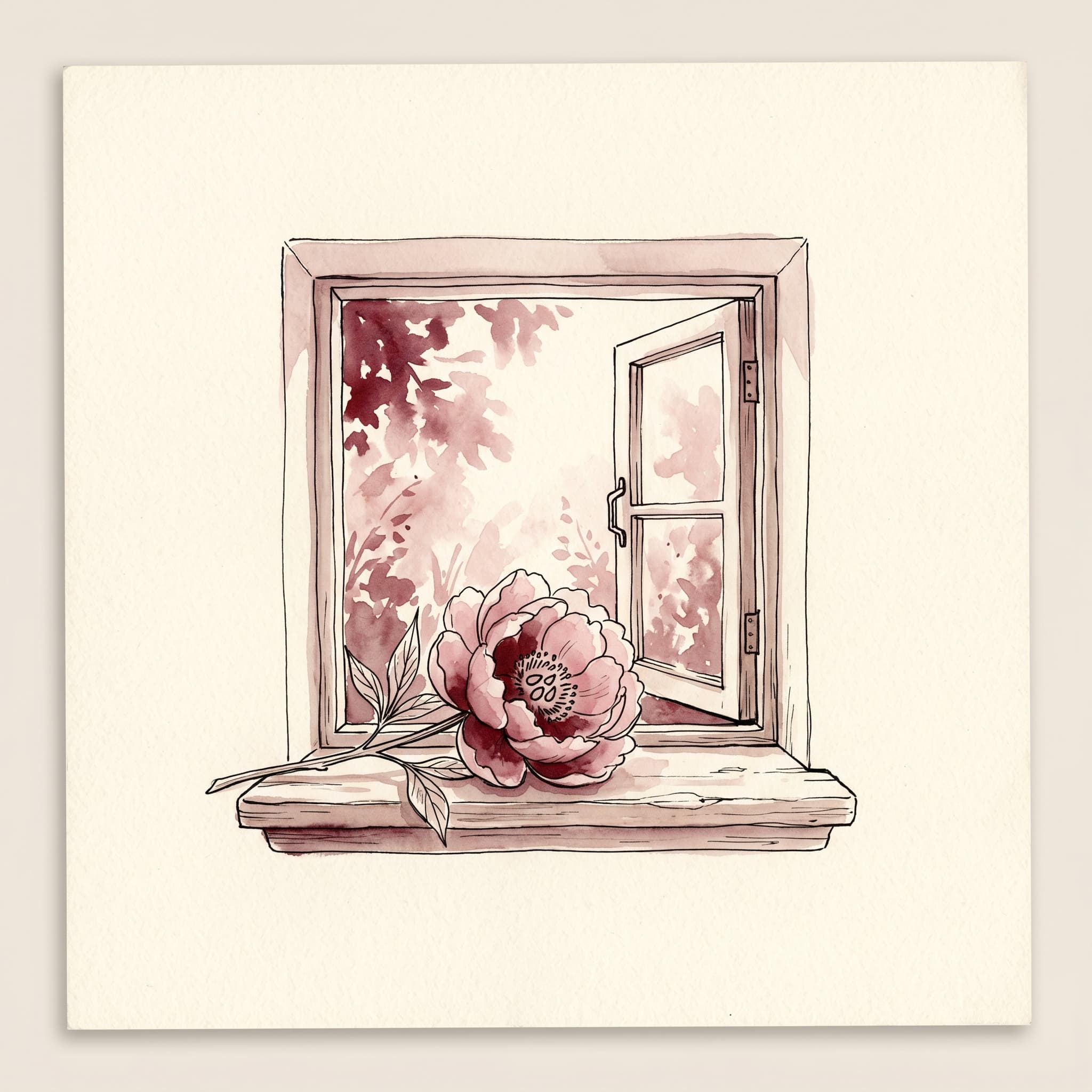 Overhead watercolor still life of a small open window on cream linen with soft morning light coming through and a single open peony on the sill — the quiet of an early morning when a steadier voice arrives.