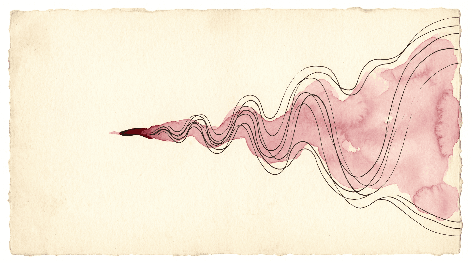 A watercolor and ink illustration on cream paper of a soft dusty-rose sound wave traveling from the far right of the page back toward a single quiet point on the left — the abstract metaphor for a future voice speaking back to the present self.