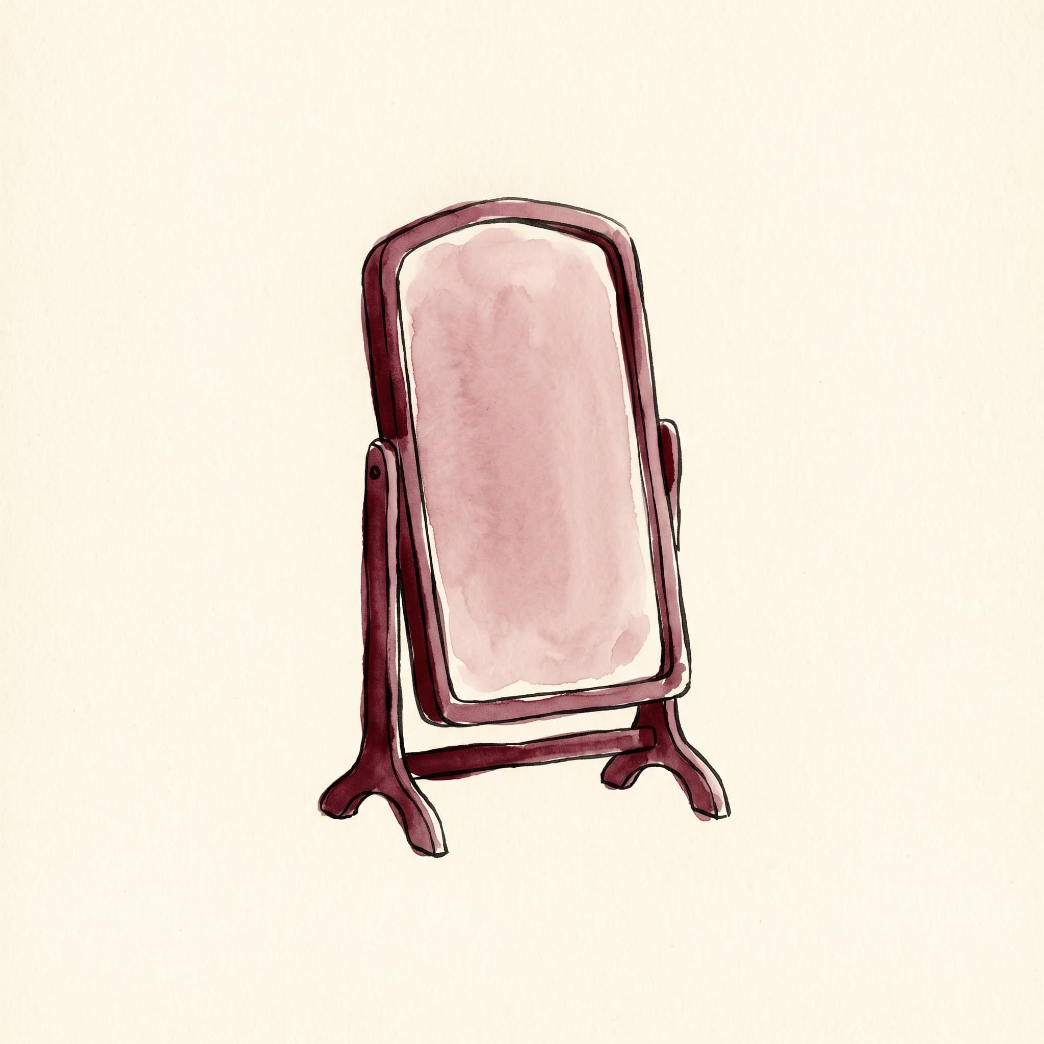 A single hand-drawn watercolor mirror in deep merlot ink, the reflection in the mirror painted as a soft empty dusty-rose wash — the abstract metaphor for the gap between a postpartum script and the actual felt experience.