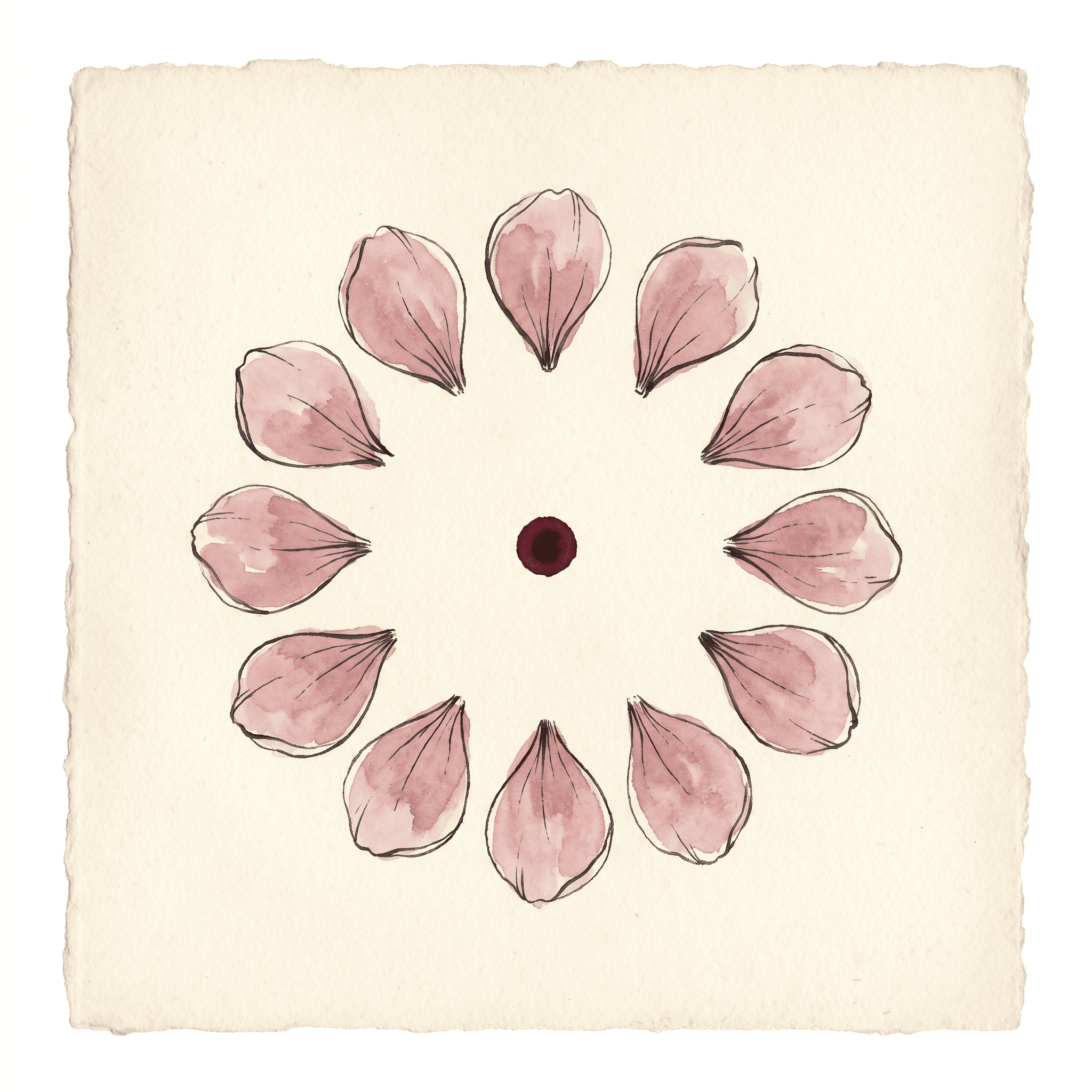 A hand-drawn editorial watercolor diagram on cream paper showing twelve small dusty-rose watercolor petals arranged in a loose circle around a single central merlot ink dot — the abstract metaphor for twelve gentle conditional statements gathered around one person.