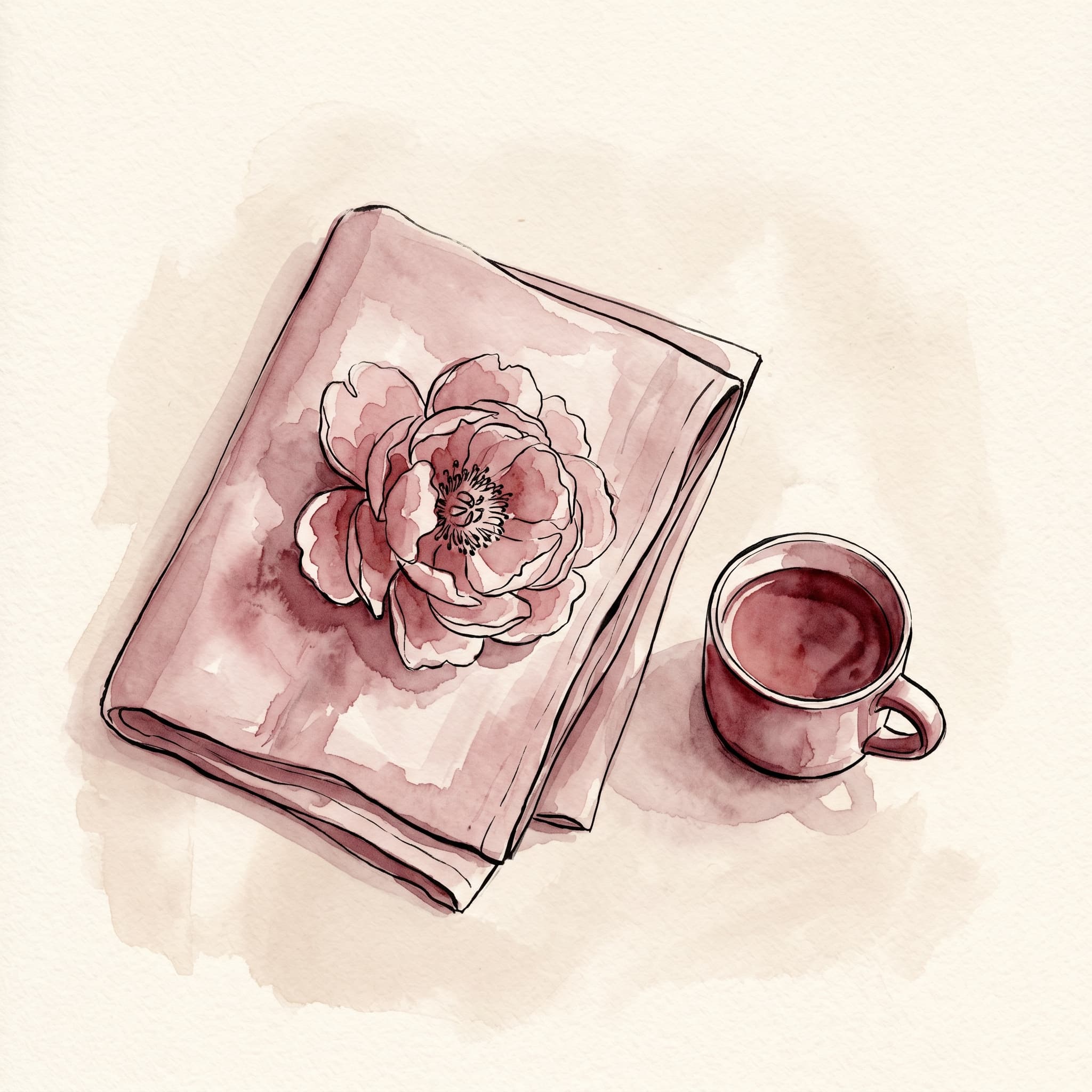 Overhead watercolor still life of a softly folded muslin in dusty rose with a single open peony resting on it, a small ceramic mug of cooling tea beside it on warm cream linen — the quiet of a tended-to moment.