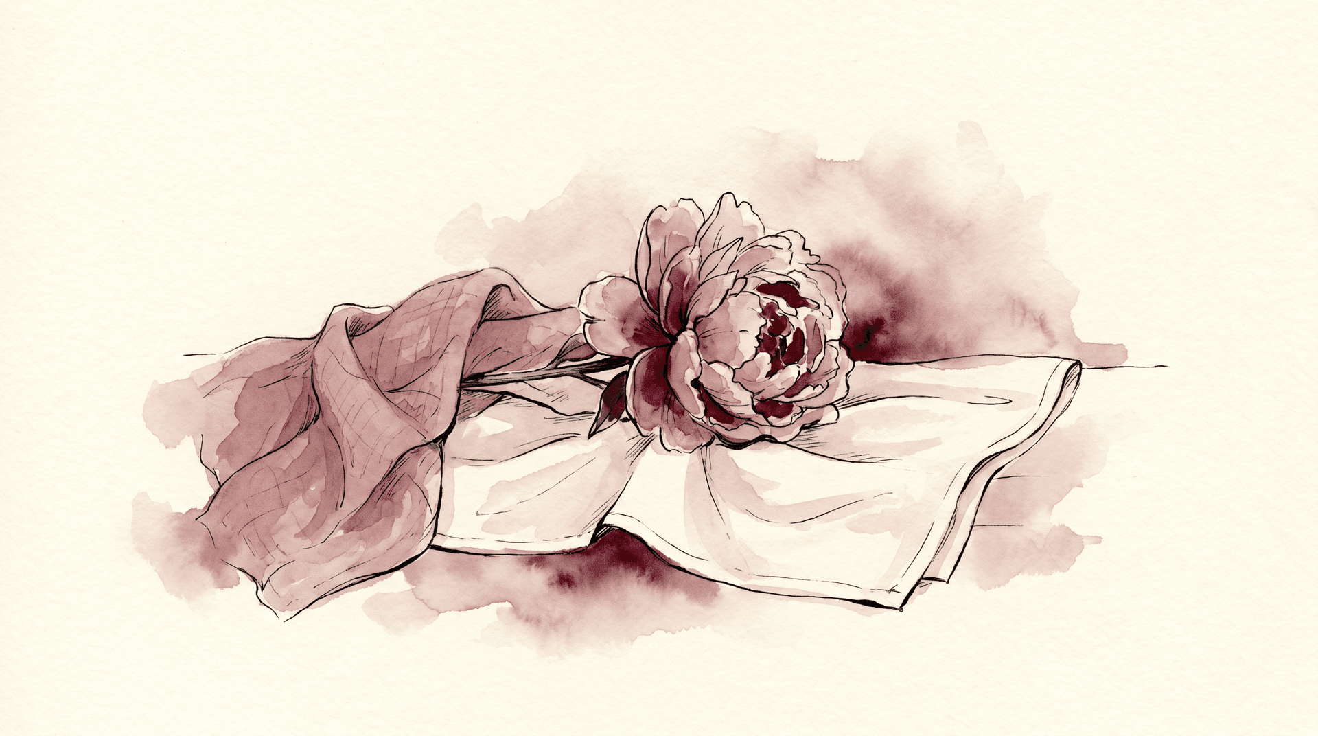 A watercolor and ink illustration of a single open peony resting on a soft cream-linen pillow, with a folded muslin in dusty rose beside it — the abstract metaphor of tenderness held without performance.