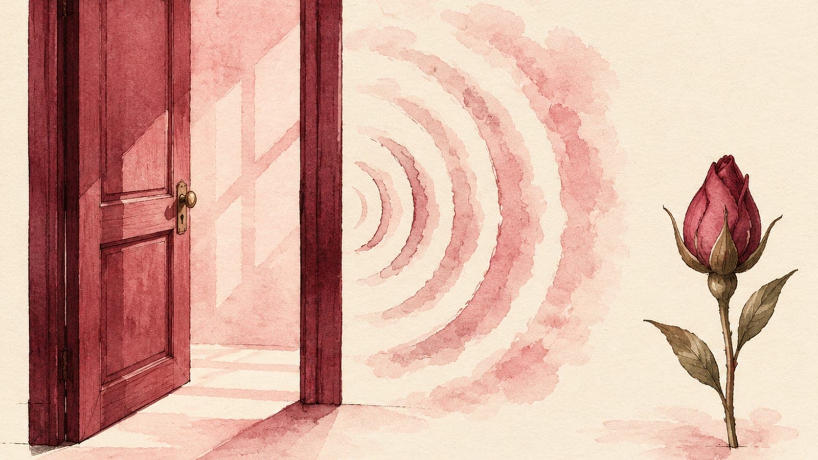 A horizontal watercolor study of two paper-thin sound ripples in rose and merlot spreading from a single small ink-drawn mouth-shaped bloom on the left, and a closed, quiet bud resting on the right — the audible and the silent versions of the same sentence.