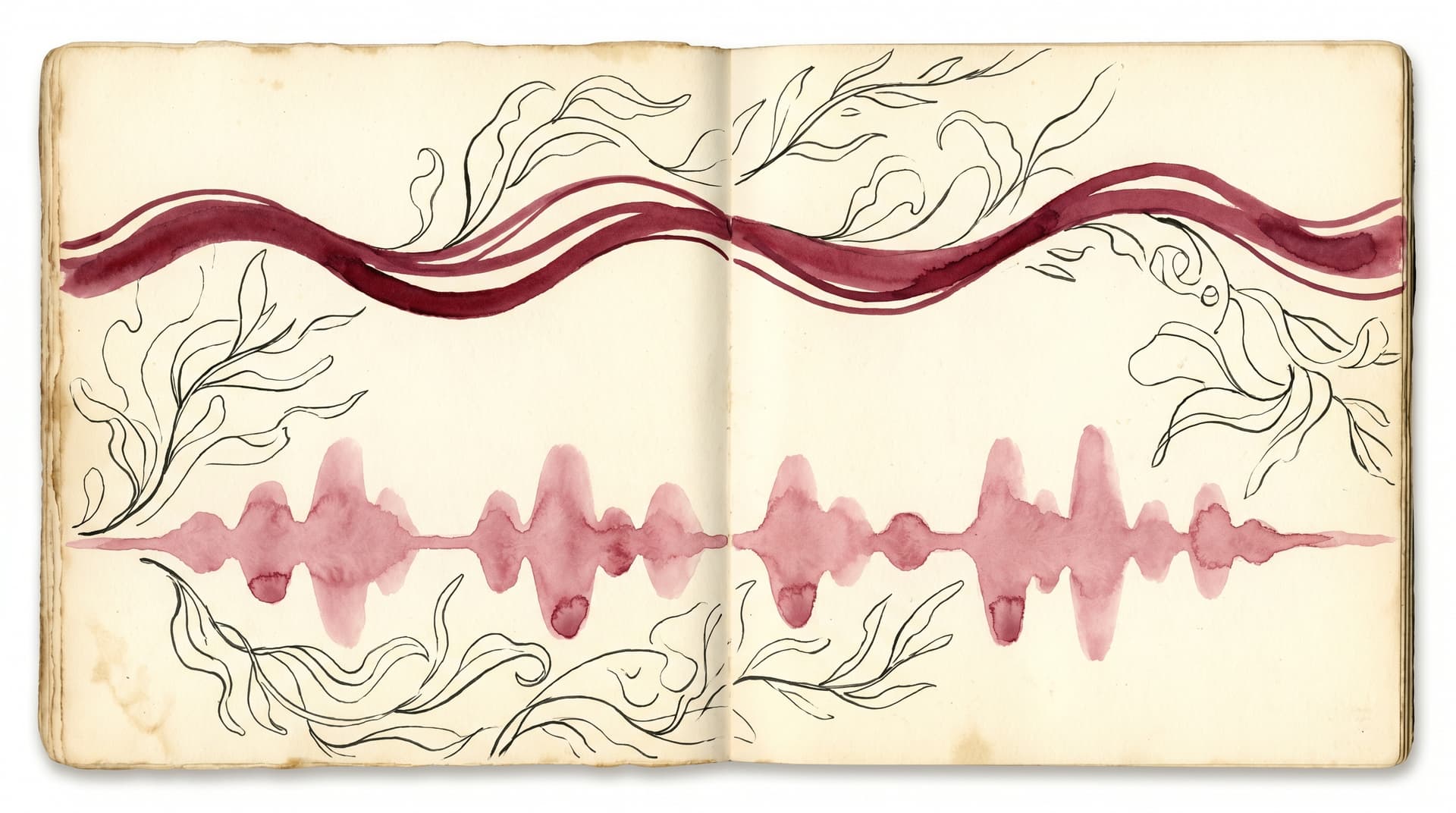A watercolor and ink illustration on cream paper showing two parallel horizontal channels running across the page — the upper one a hand-drawn line of cursive merlot ink (the reading channel), the lower one a dusty-rose watercolor sound wave (the voice channel) — the abstract metaphor for two formats of the same self-statement.