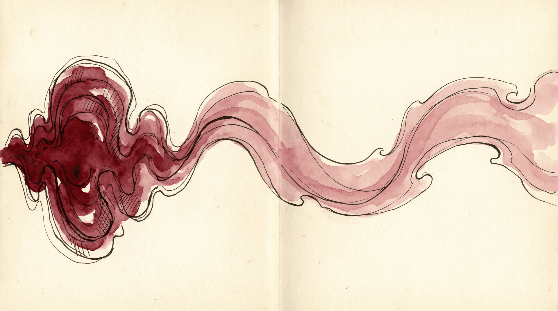 A short watercolor sound wave on the left of a cream paper field gently extending into a long flowing watercolor ribbon across the page — the abstract metaphor for a small voice sample becoming a full model.