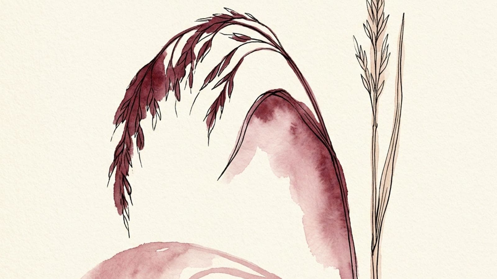 A horizontal watercolor study of a river stone resting steady in shallow moving water, painted in dusty rose and merlot on cream paper — a quiet metaphor for a stable sense of self while circumstances move around it.