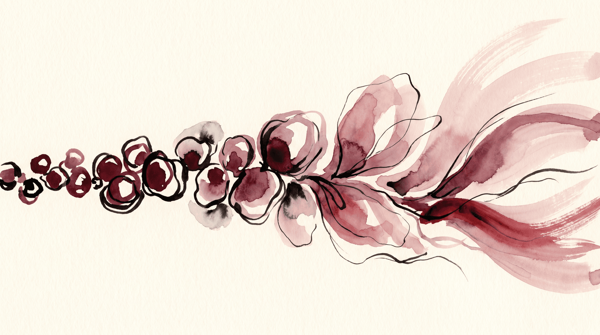 A watercolor and ink illustration on cream paper of a row of small dark merlot speech-bubble shapes on the left softening into open dusty-rose petal shapes on the right — the abstract metaphor for cruel self-talk scripts rewritten into kinder ones.