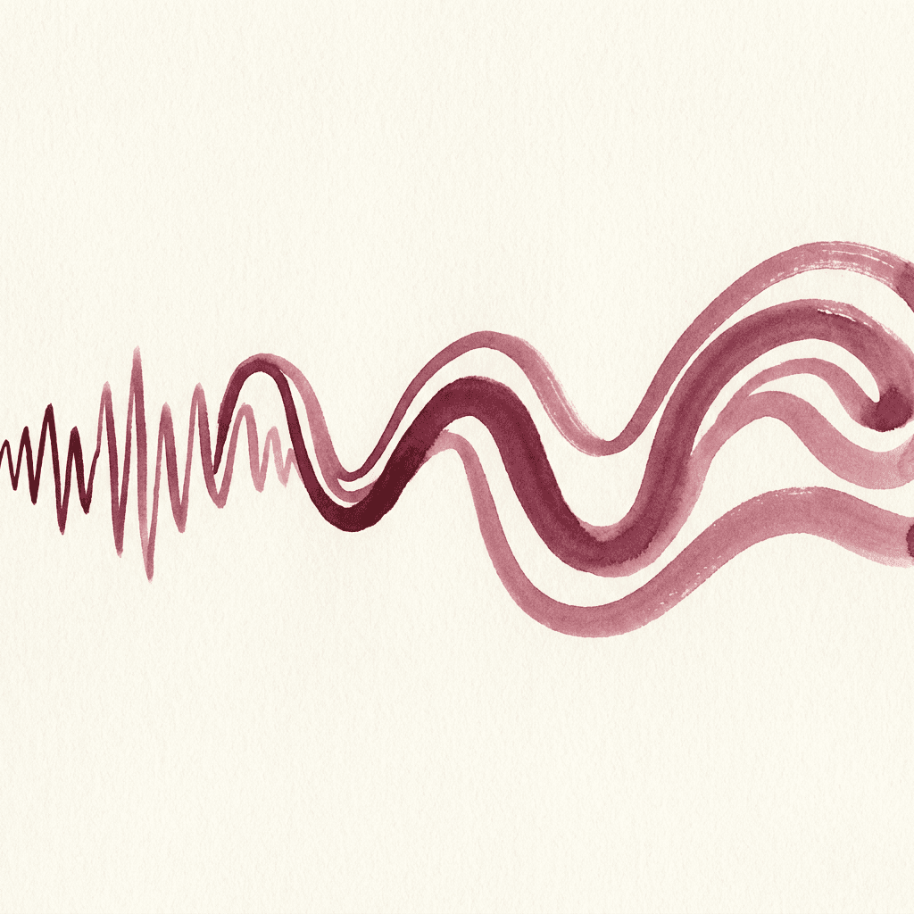 A single hand-drawn sound waveform in deep merlot ink, starting sharp on the left and softening into a warmer wave on the right — an abstract metaphor for a voice changing as it speaks back to you.