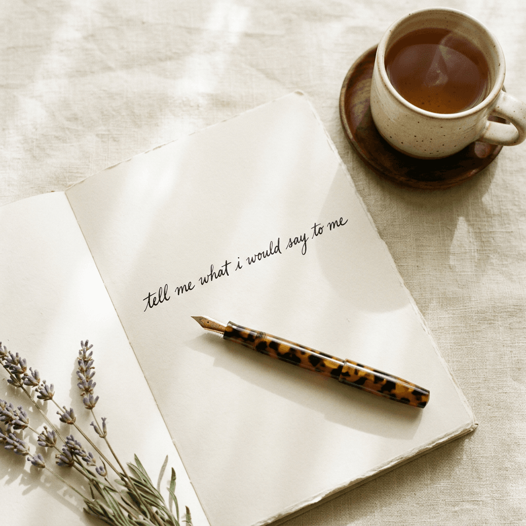 Overhead still life of an open ivory journal with the handwritten line 'tell me what i would say to me,' a fountain pen, and a ceramic mug of tea on cream linen — the quiet of a paused thought.