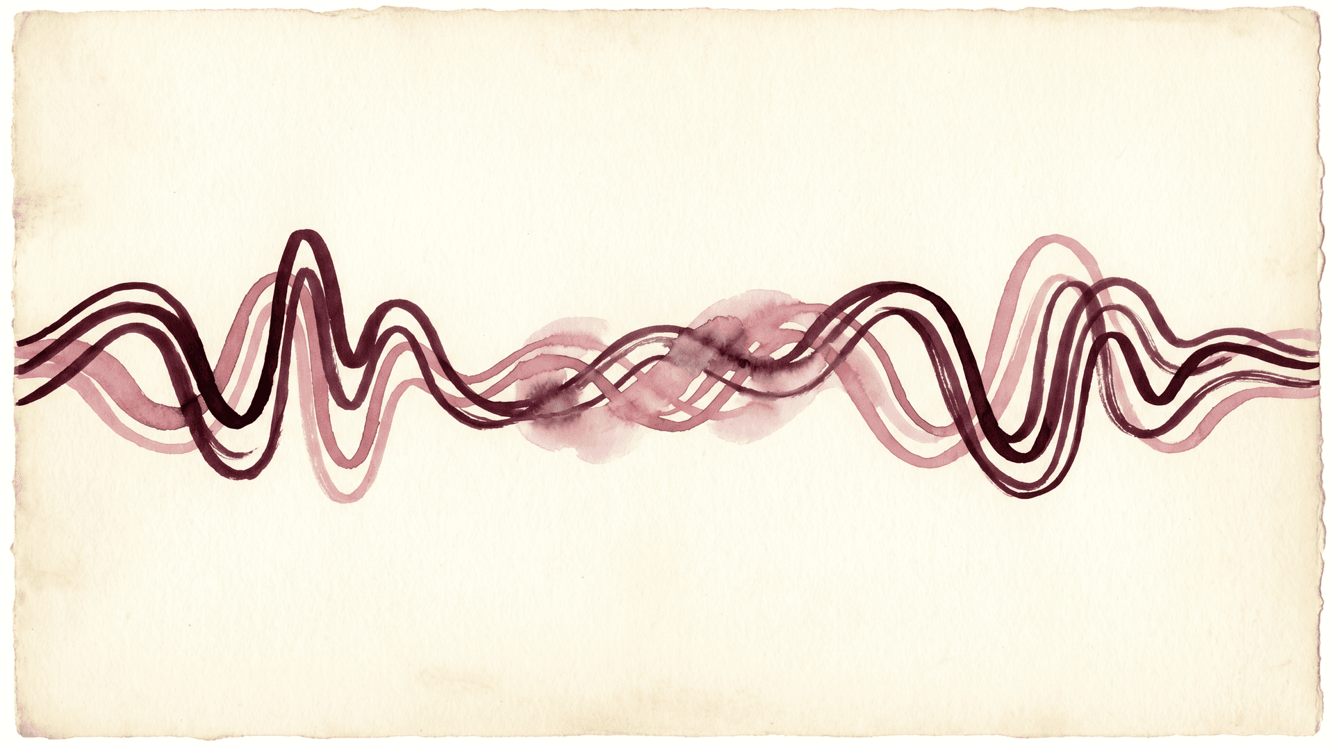 Two intertwining horizontal sound waves painted in watercolor across cream paper — one in deep merlot, the other in dusty rose — meeting and softly braiding through the center. The abstract metaphor for hearing your own voice return to you.