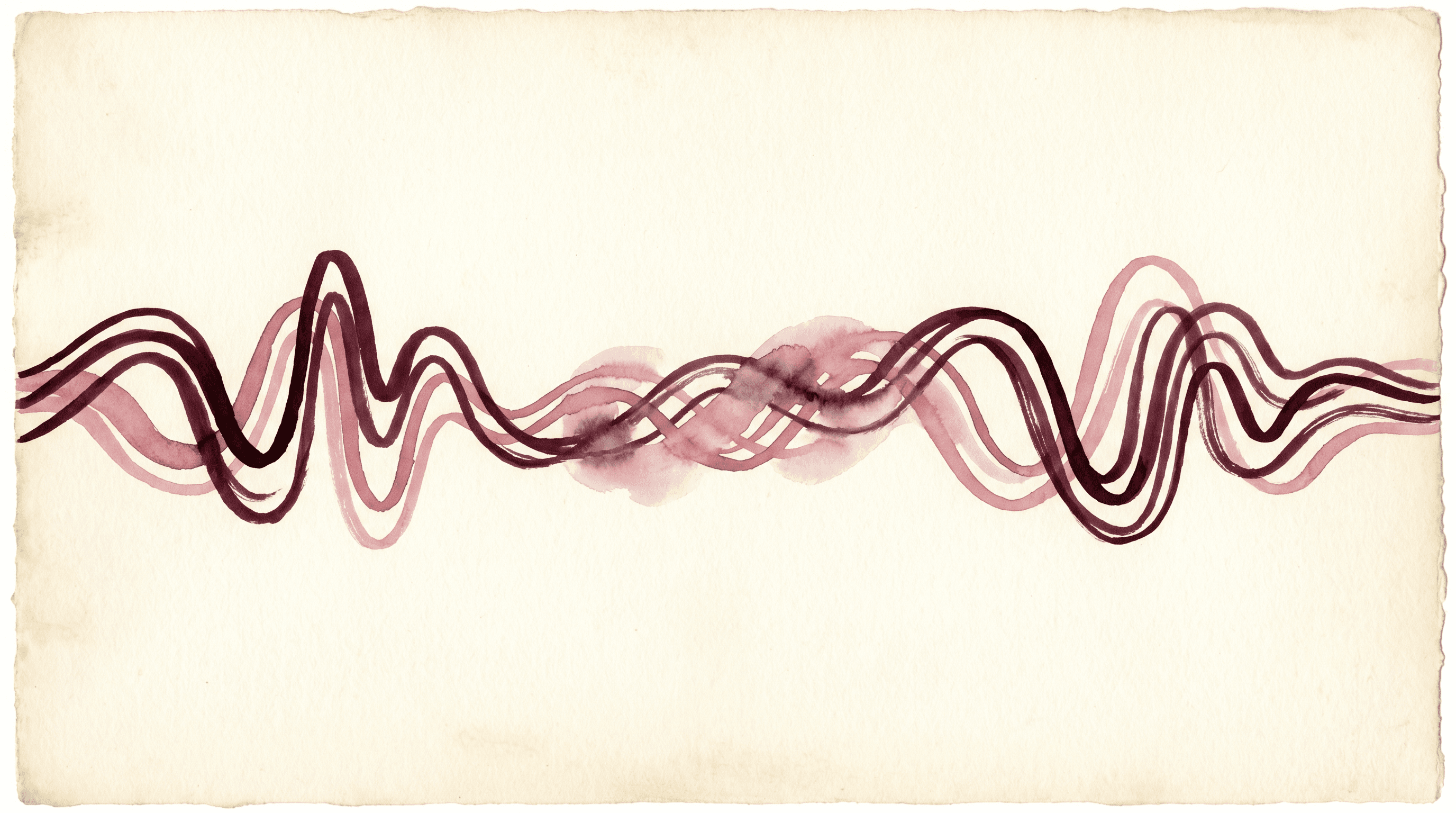 Two intertwining horizontal sound waves painted in watercolor across cream paper — one in deep merlot, the other in dusty rose — meeting and softly braiding through the center. The abstract metaphor for hearing your own voice return to you.