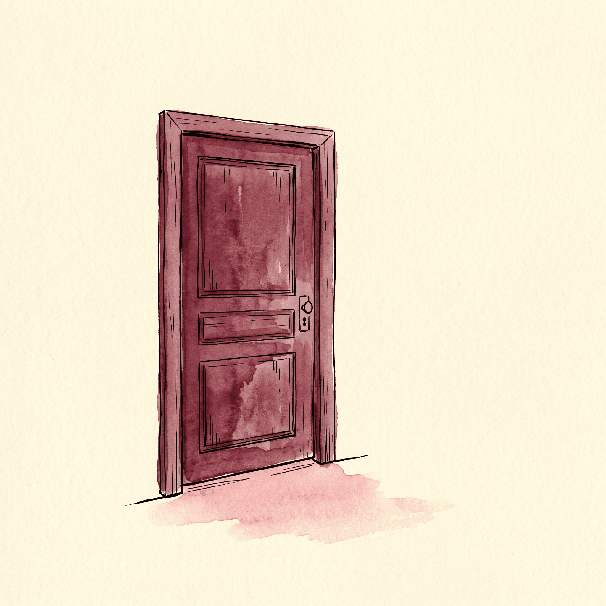 A single hand-drawn closed door painted in deep merlot watercolor on cream paper, with a slim crack of warm light coming through underneath — an abstract metaphor for the threat-protection system noticing danger.