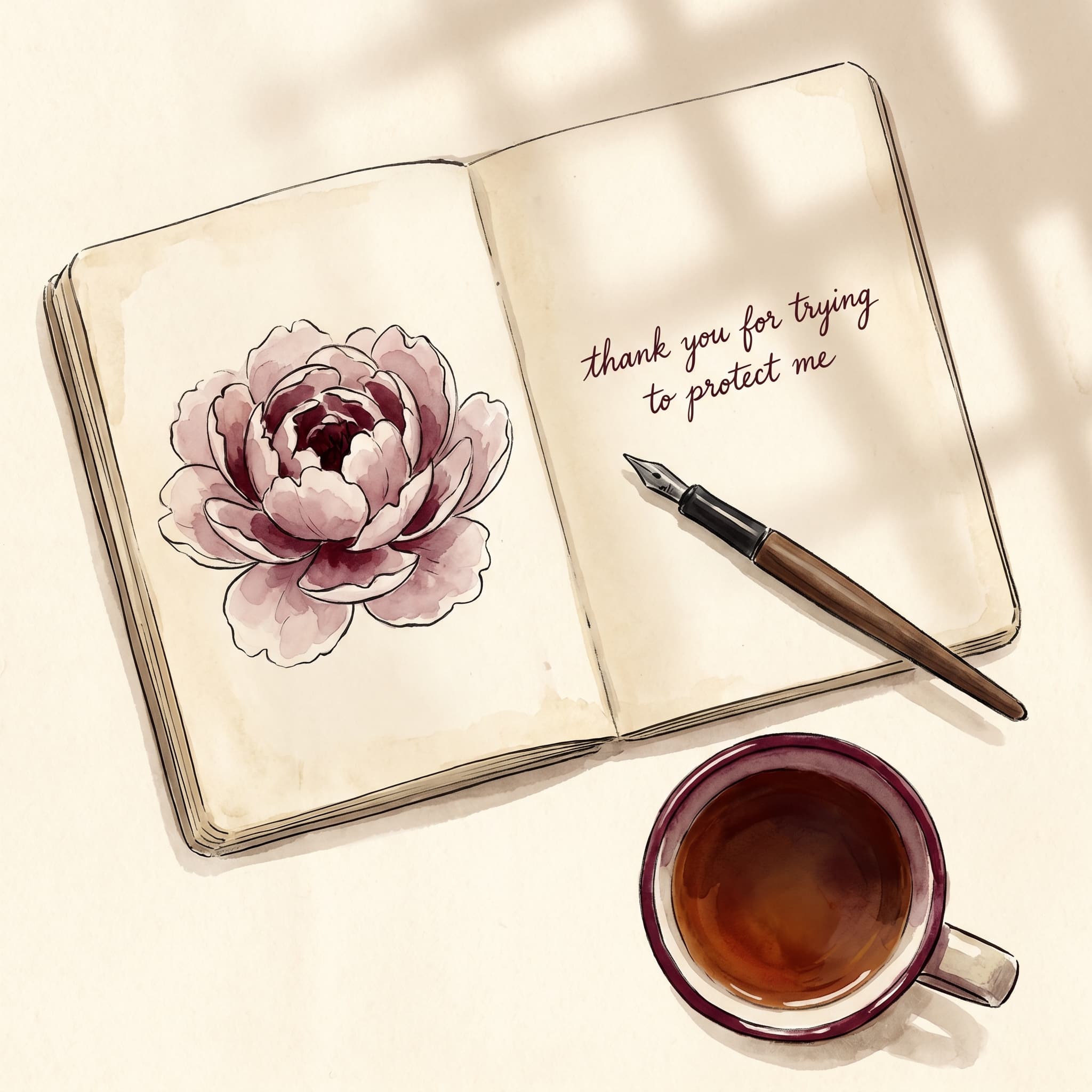 Overhead watercolor still life of an open ivory journal on cream linen with the handwritten line 'thank you for trying to protect me,' a fountain pen resting across the page, a single open peony, and a ceramic mug of tea — the quiet of a paused inner conversation.