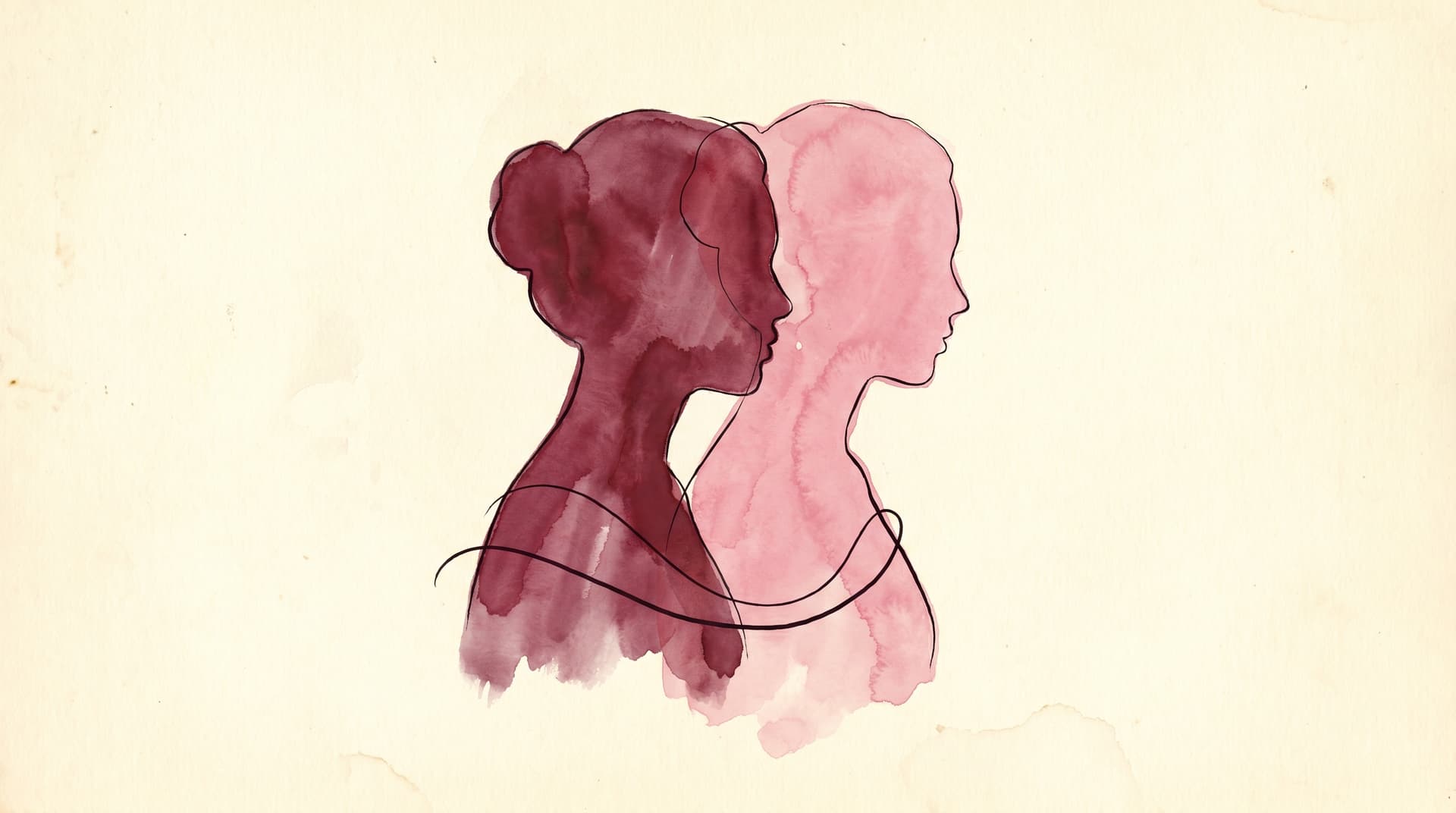 Two overlapping watercolor silhouettes of a woman painted across cream paper — one in deep merlot, one in dusty rose — facing slightly different directions, with a thin ink line softly connecting them. The visual metaphor for the critic and the self she's speaking to.