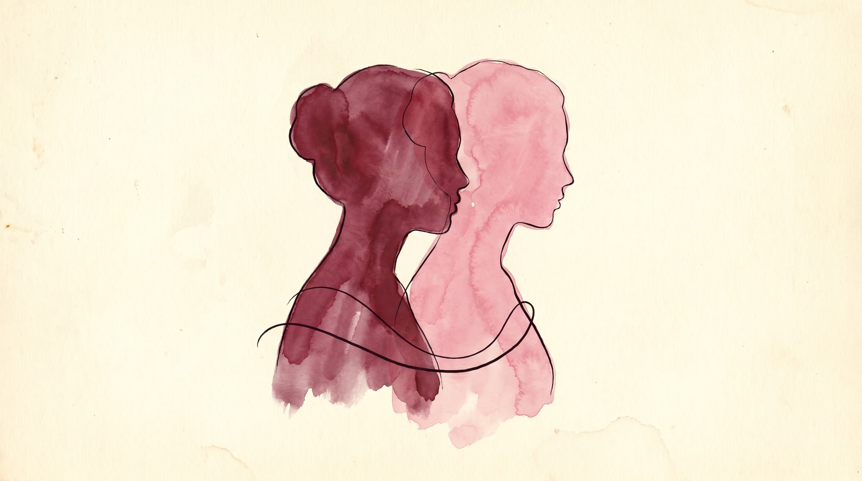 Two overlapping watercolor silhouettes of a woman painted across cream paper — one in deep merlot, one in dusty rose — facing slightly different directions, with a thin ink line softly connecting them. The visual metaphor for the critic and the self she's speaking to.